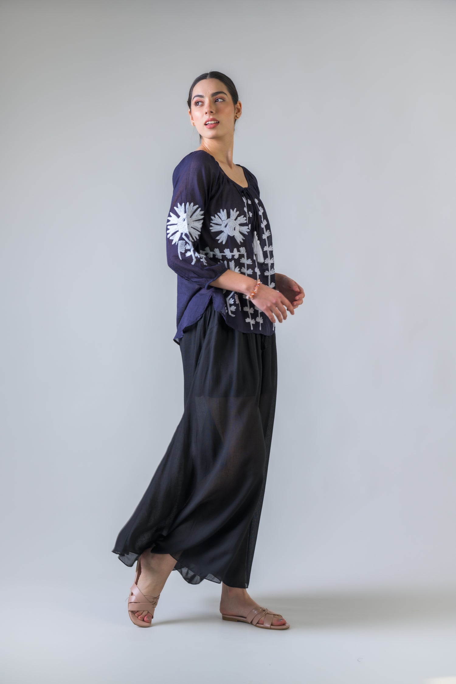 Rhea Embroidered Long Sleeve Cotton Top Orange / One Size