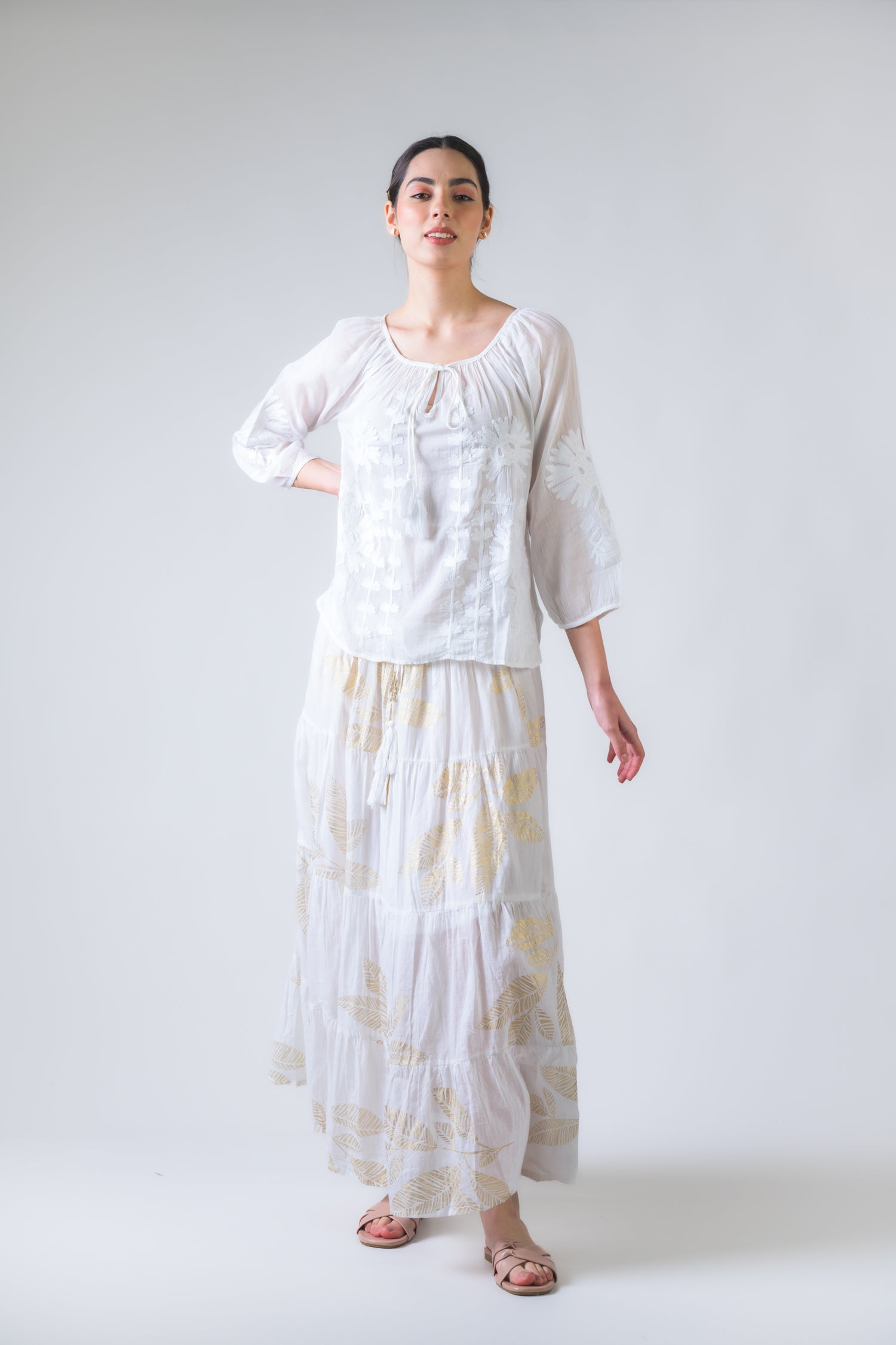 Rhea Embroidered Long Sleeve Cotton Top Orange / One Size