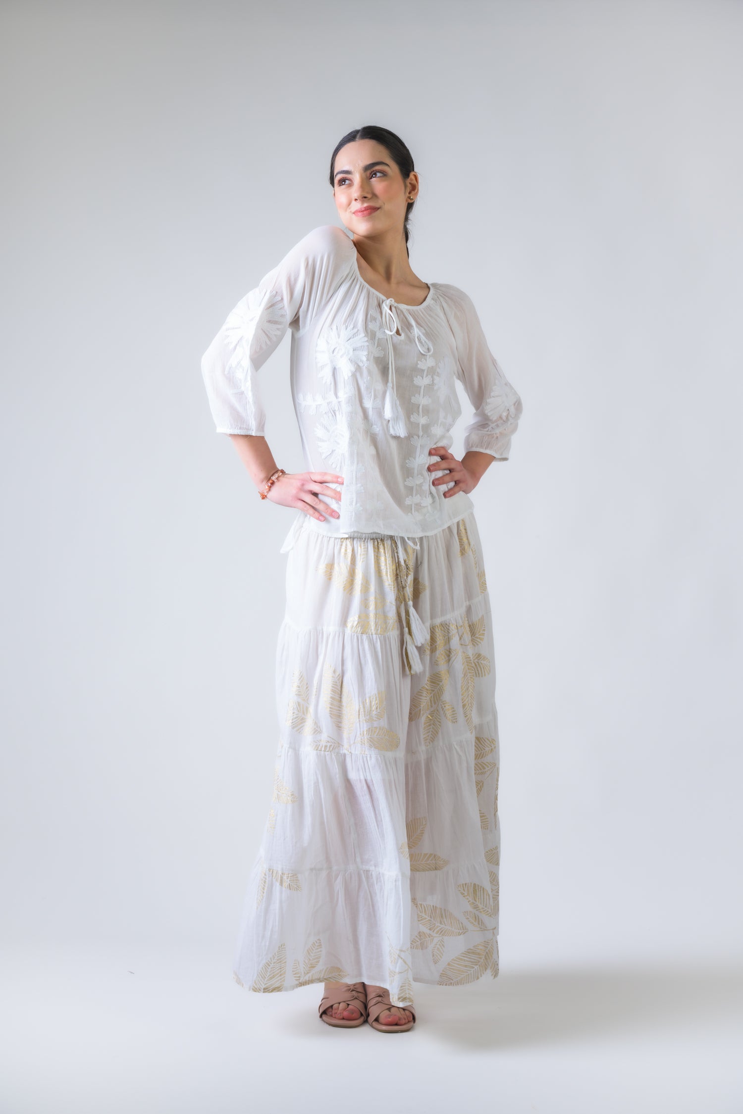 Rhea Embroidered Long Sleeve Cotton Top Orange / One Size