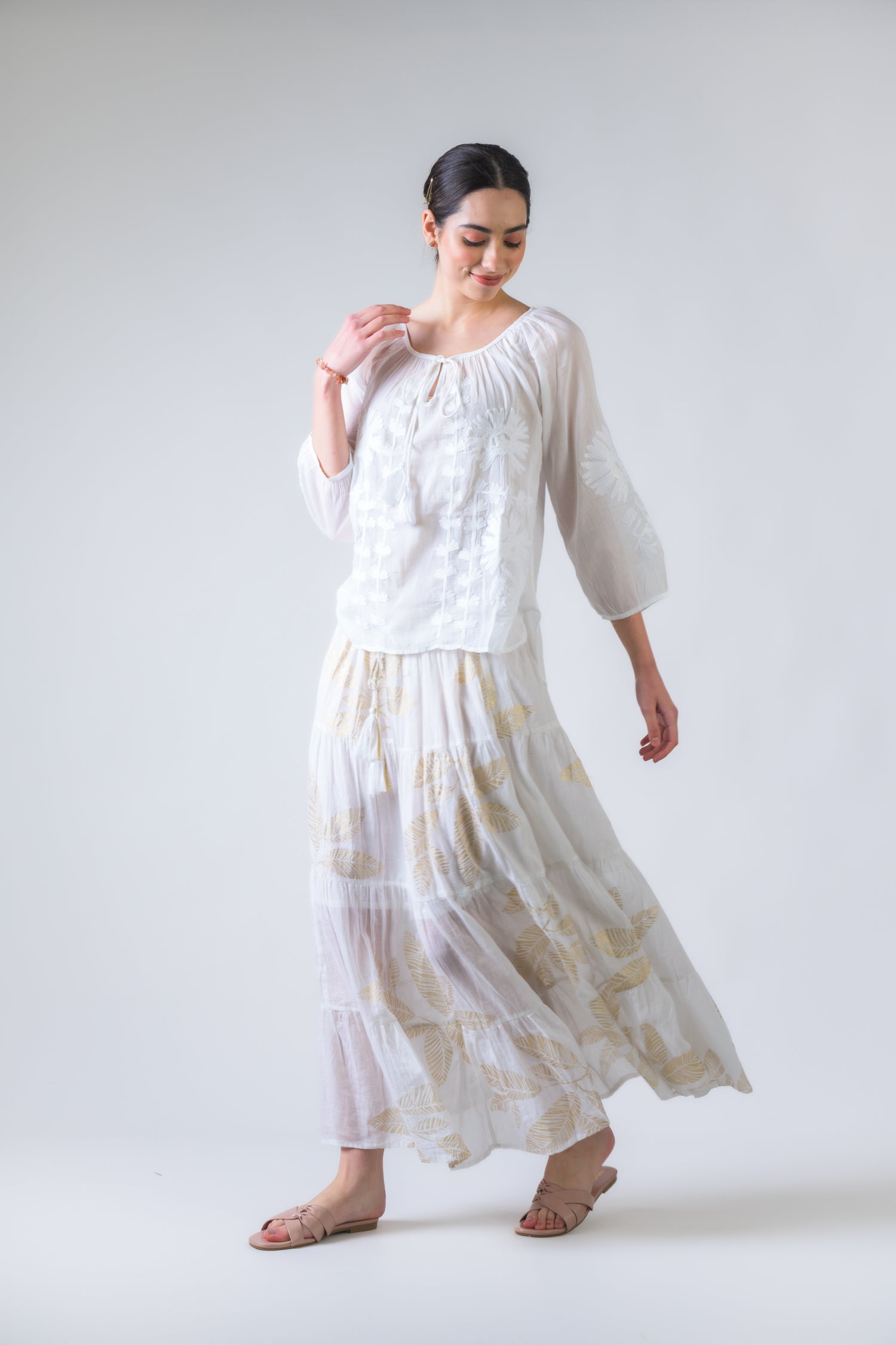 Rhea Embroidered Long Sleeve Cotton Top Orange / One Size