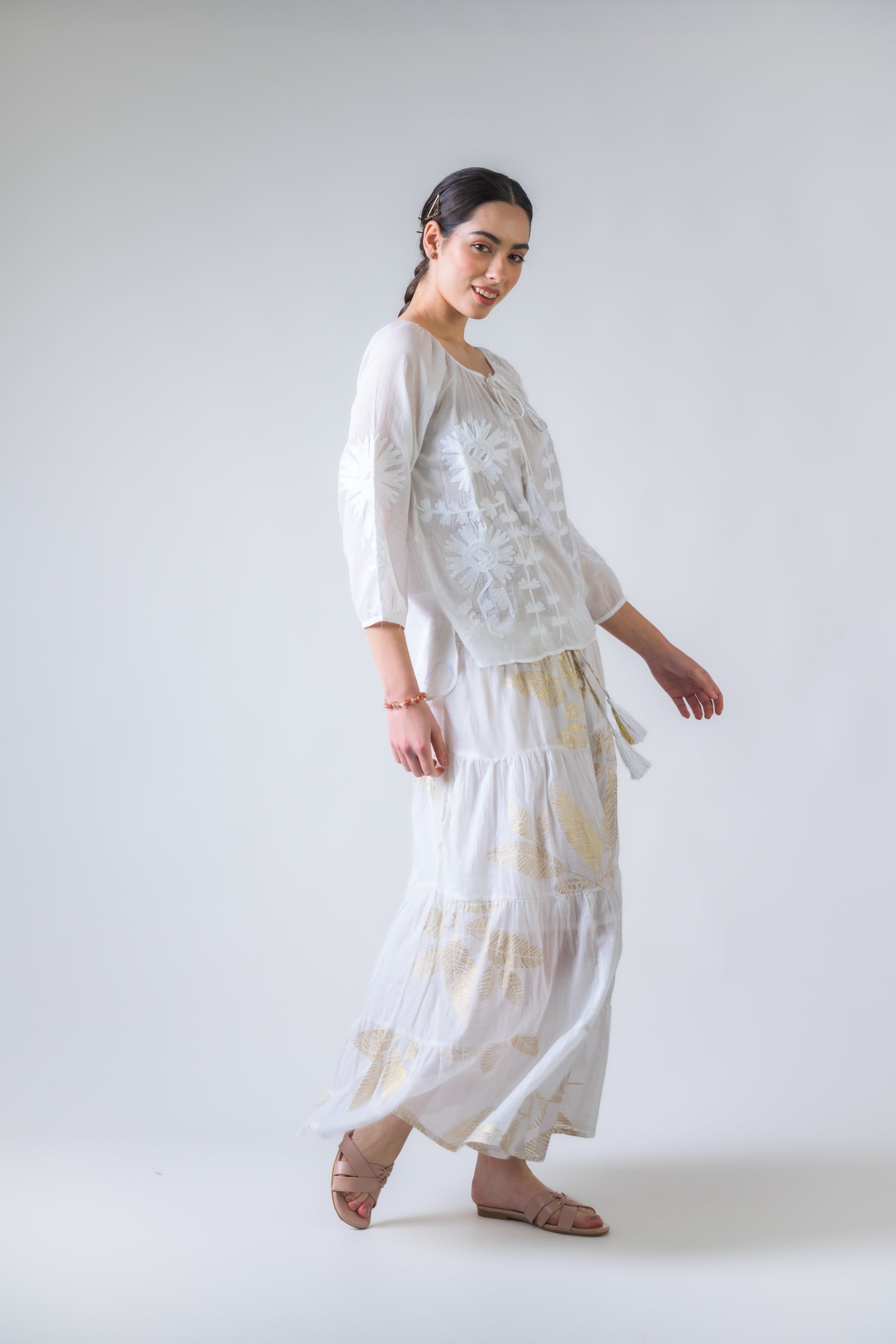 Rhea Embroidered Long Sleeve Cotton Top Orange / One Size