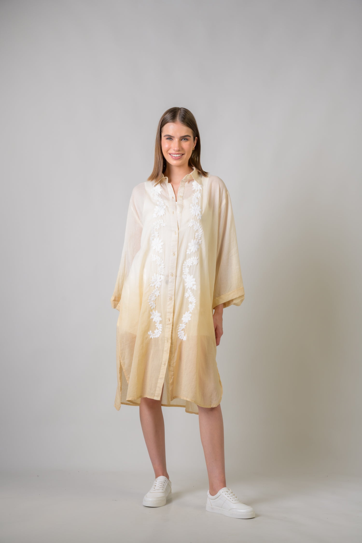 Rhea Laurels Embroidered Long Sleeve Button Down Top Beige / One Size