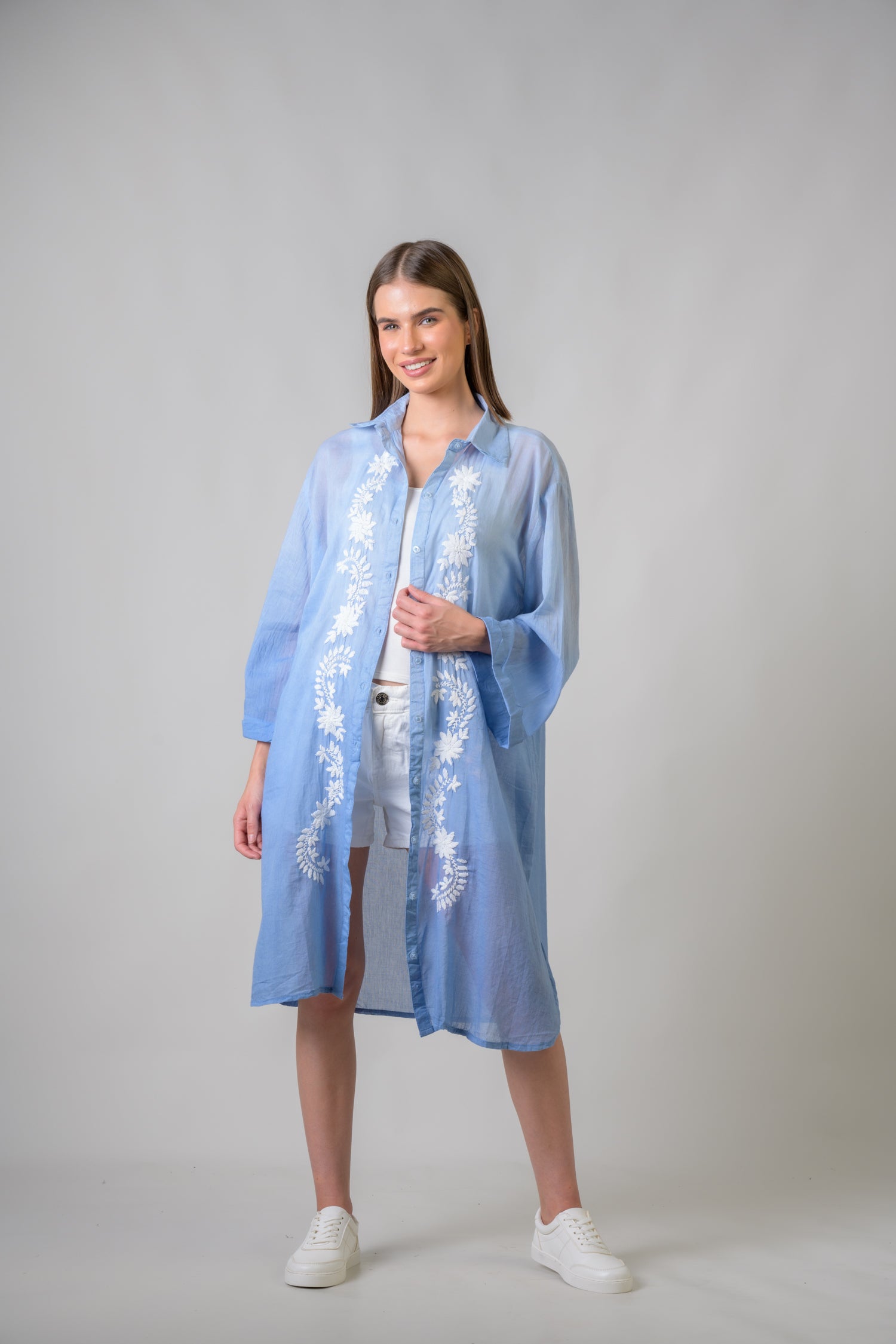 Rhea Laurels Embroidered Long Sleeve Button Down Top Blue / One Size