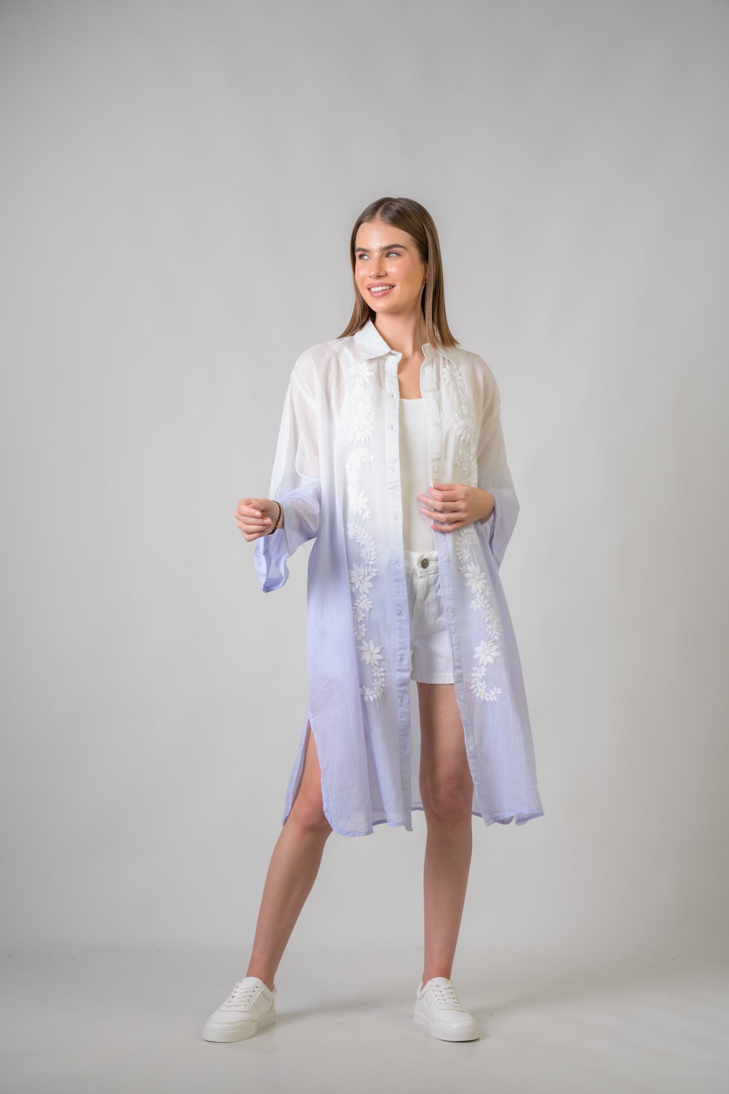 Rhea Laurels Embroidered Long Sleeve Button Down Top Blue / One Size