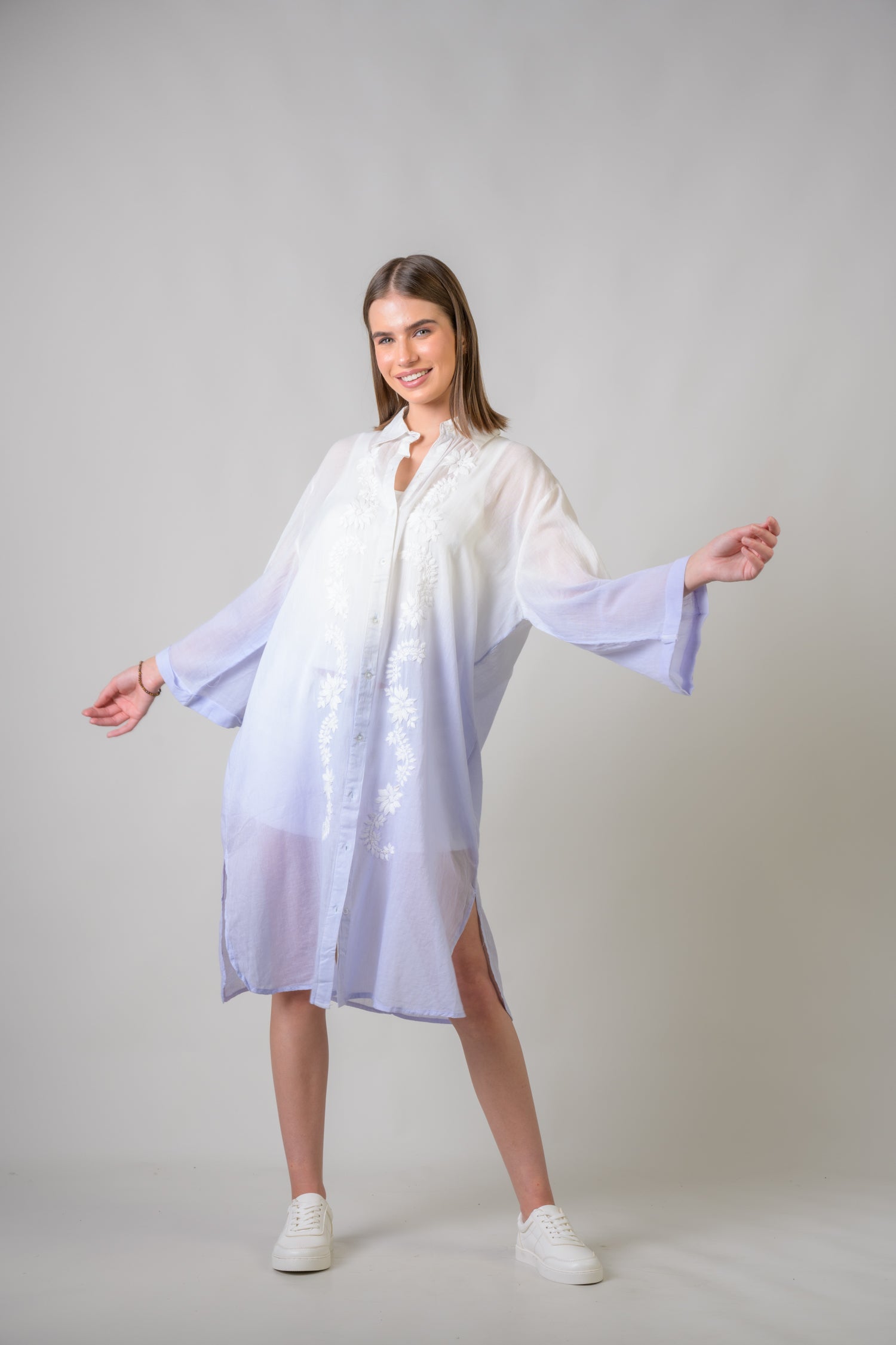 Rhea Laurels Embroidered Long Sleeve Button Down Top Blue / One Size