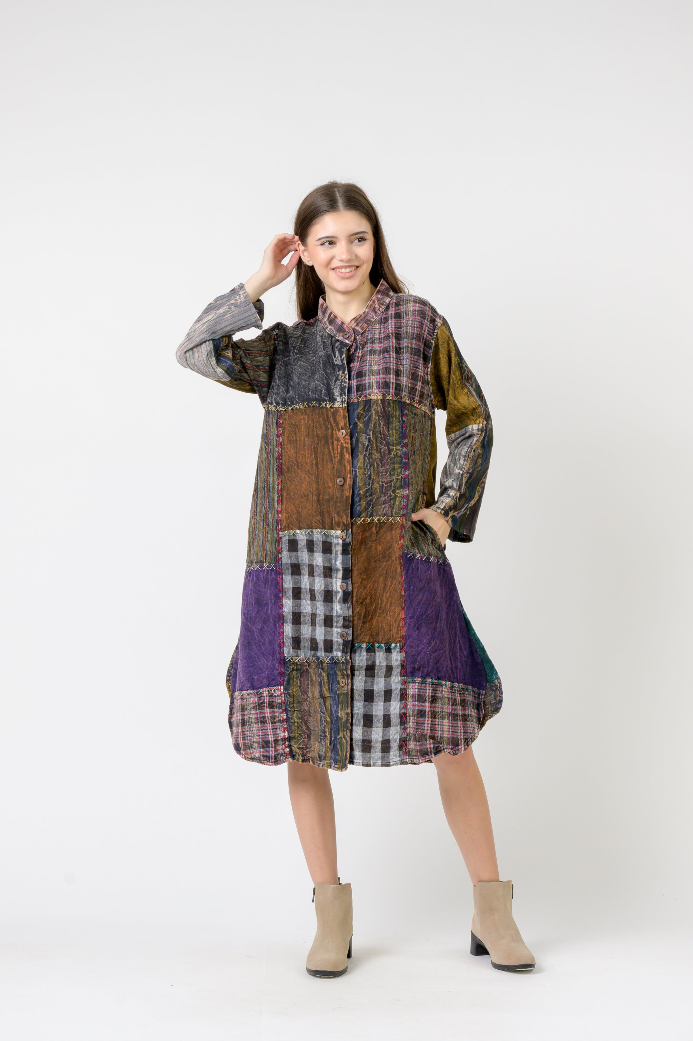 Rhea Mandarin Collar Cotton Long Shirt