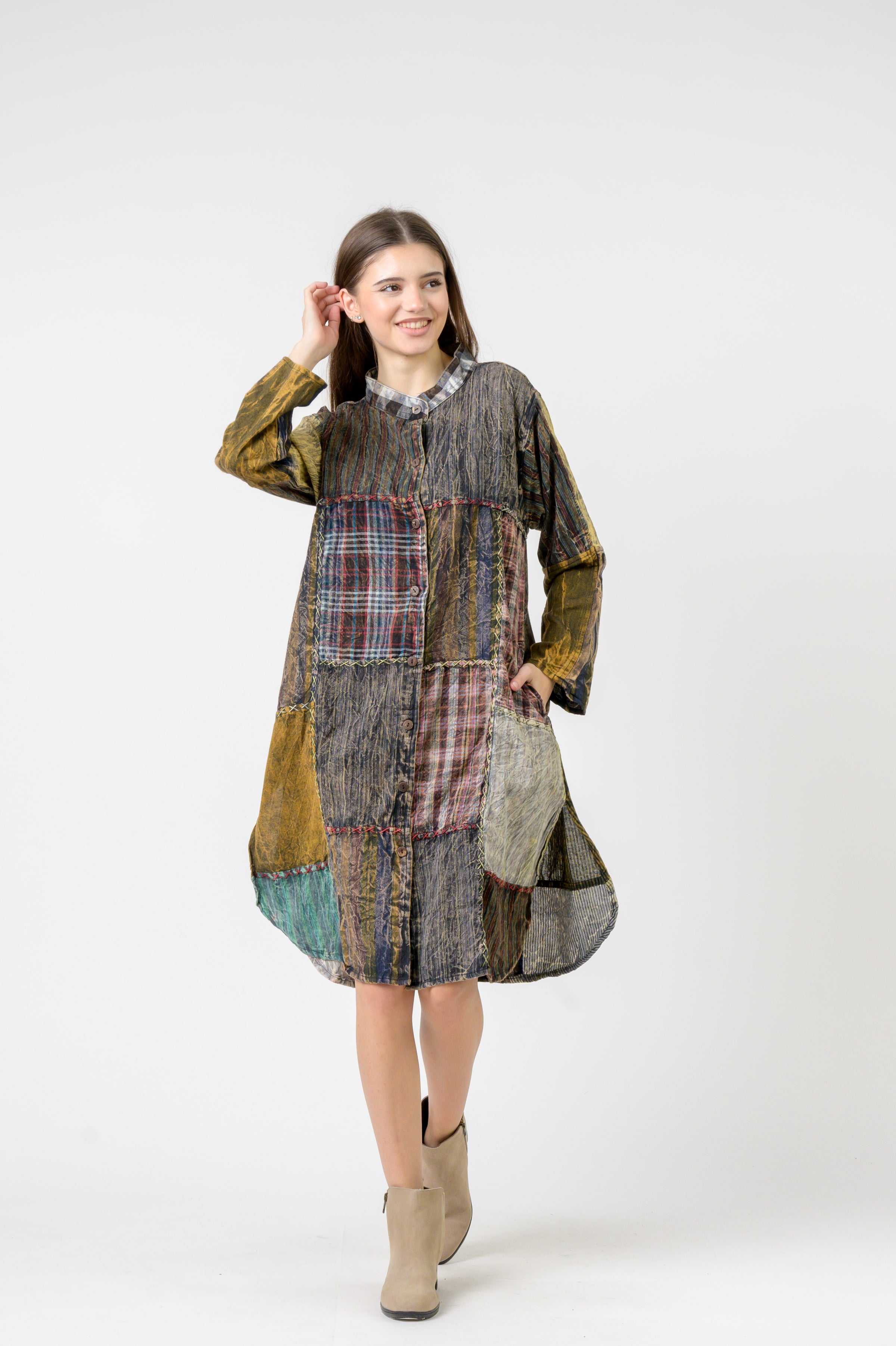 Rhea Mandarin Collar Cotton Long Shirt