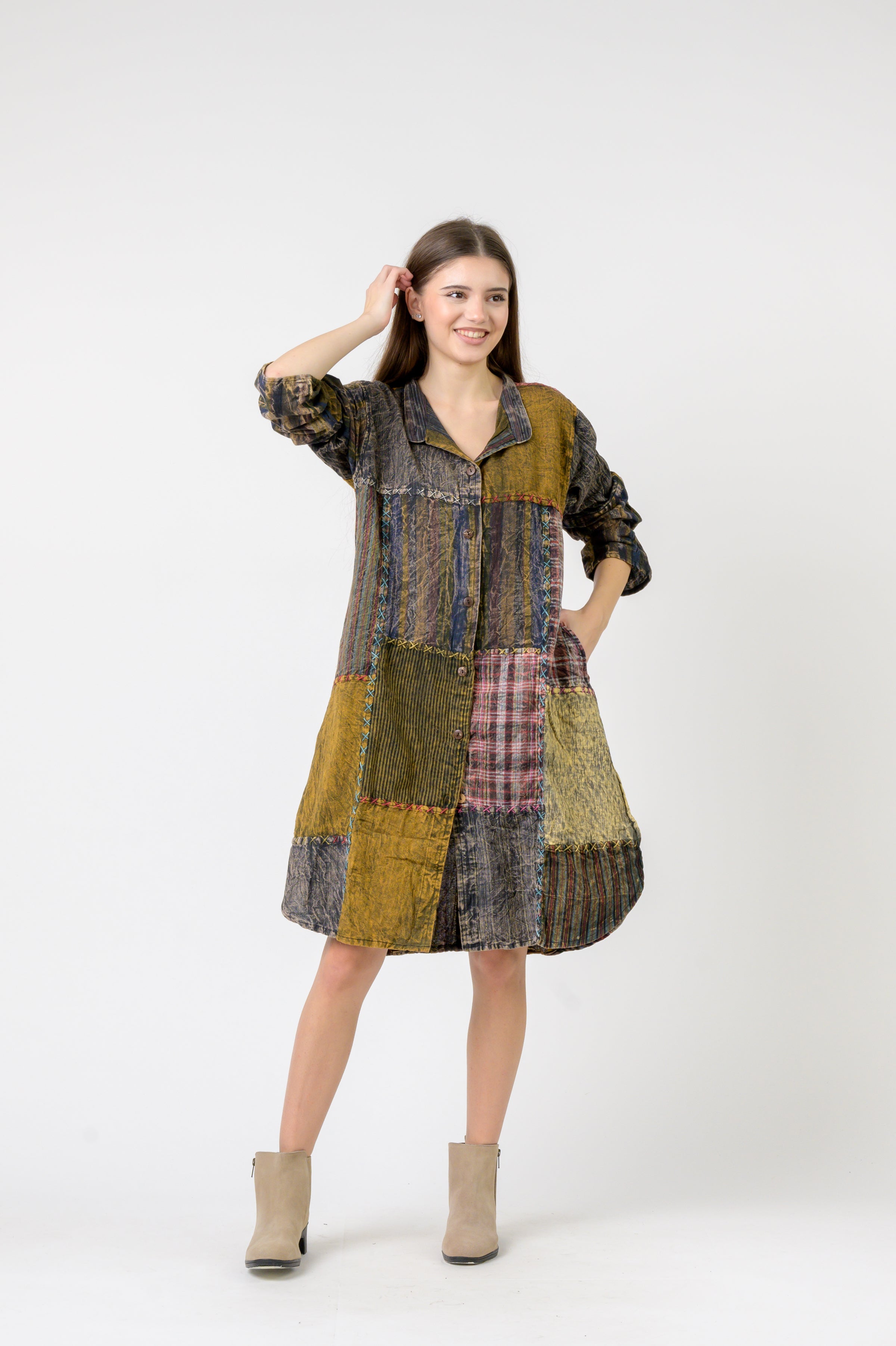 Rhea Mandarin Collar Cotton Long Shirt
