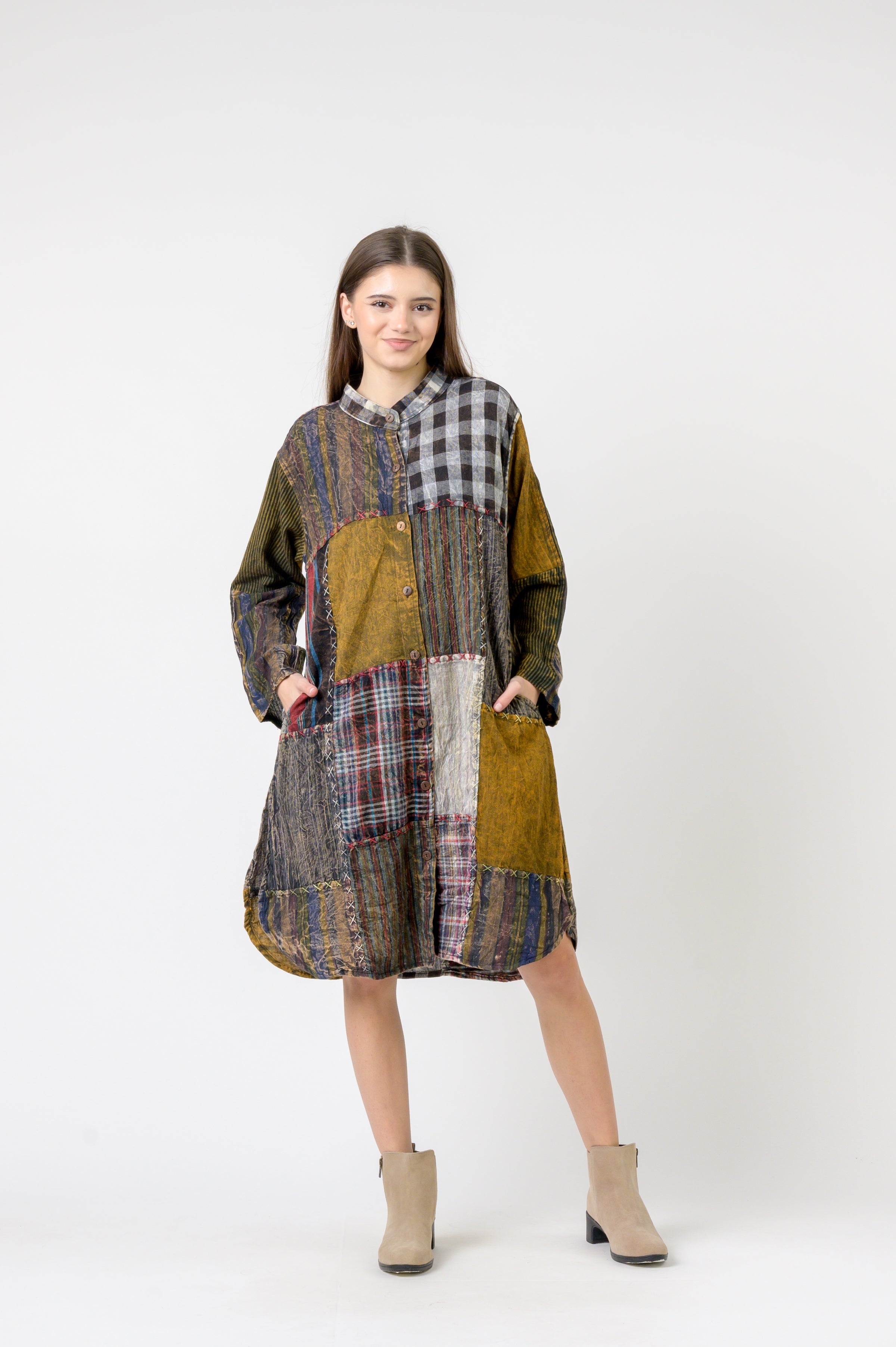 Rhea Mandarin Collar Cotton Long Shirt