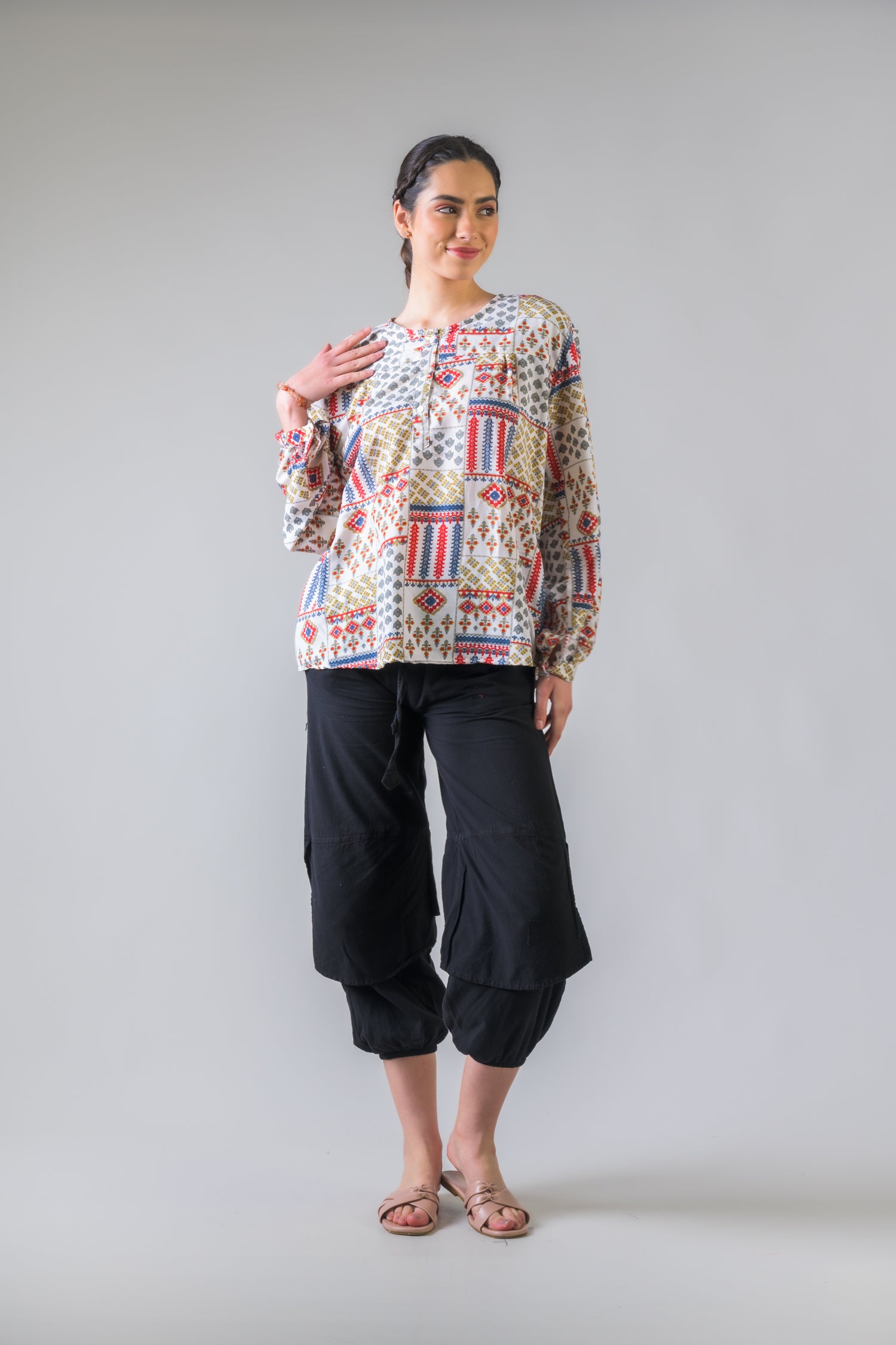 Rhea Vintage Pattern Long Sleeve Top White / One Size