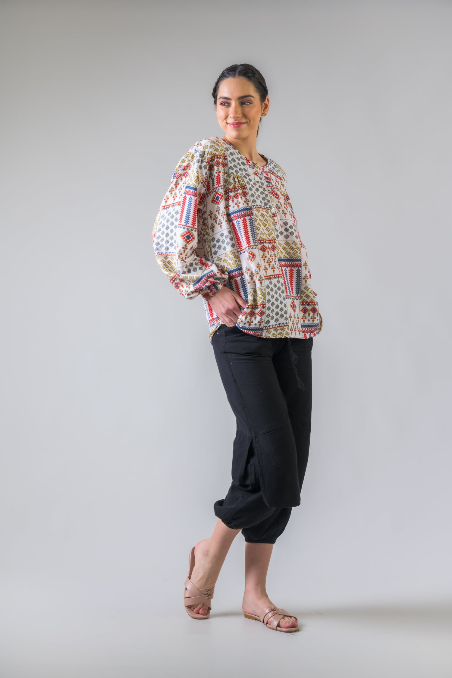 Rhea Vintage Pattern Long Sleeve Top White / One Size