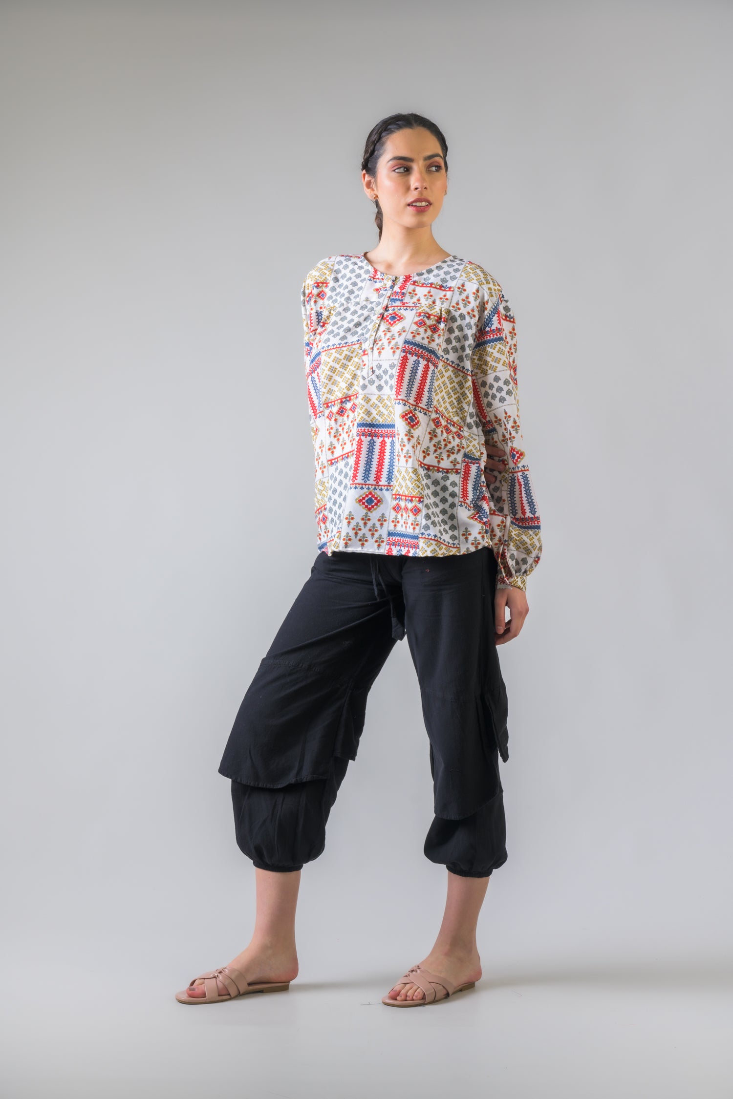 Rhea Vintage Pattern Long Sleeve Top White / One Size