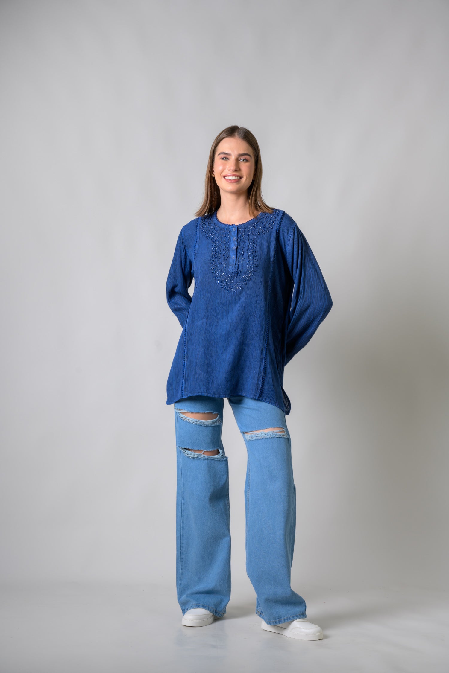 Rhea Embroidered Neckline Top Navy Blue / One Size