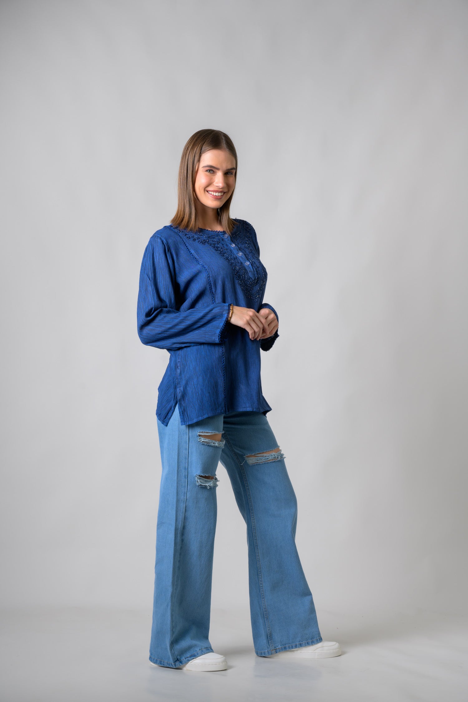 Rhea Embroidered Neckline Top Navy Blue / One Size