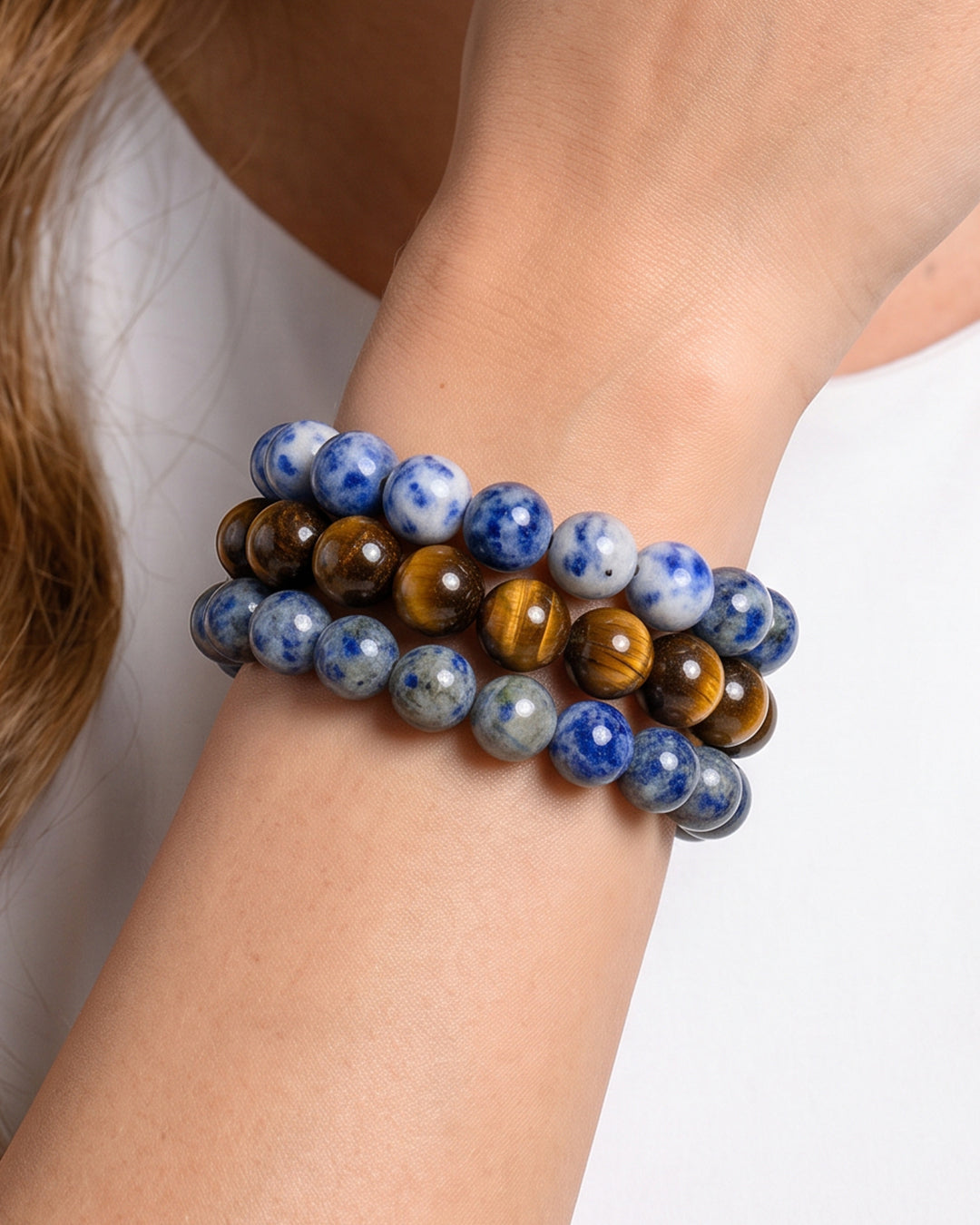 Navy Blue Gold & White, Game Day Bracelet Stack, Gemstone Bracelet Set - 8mm