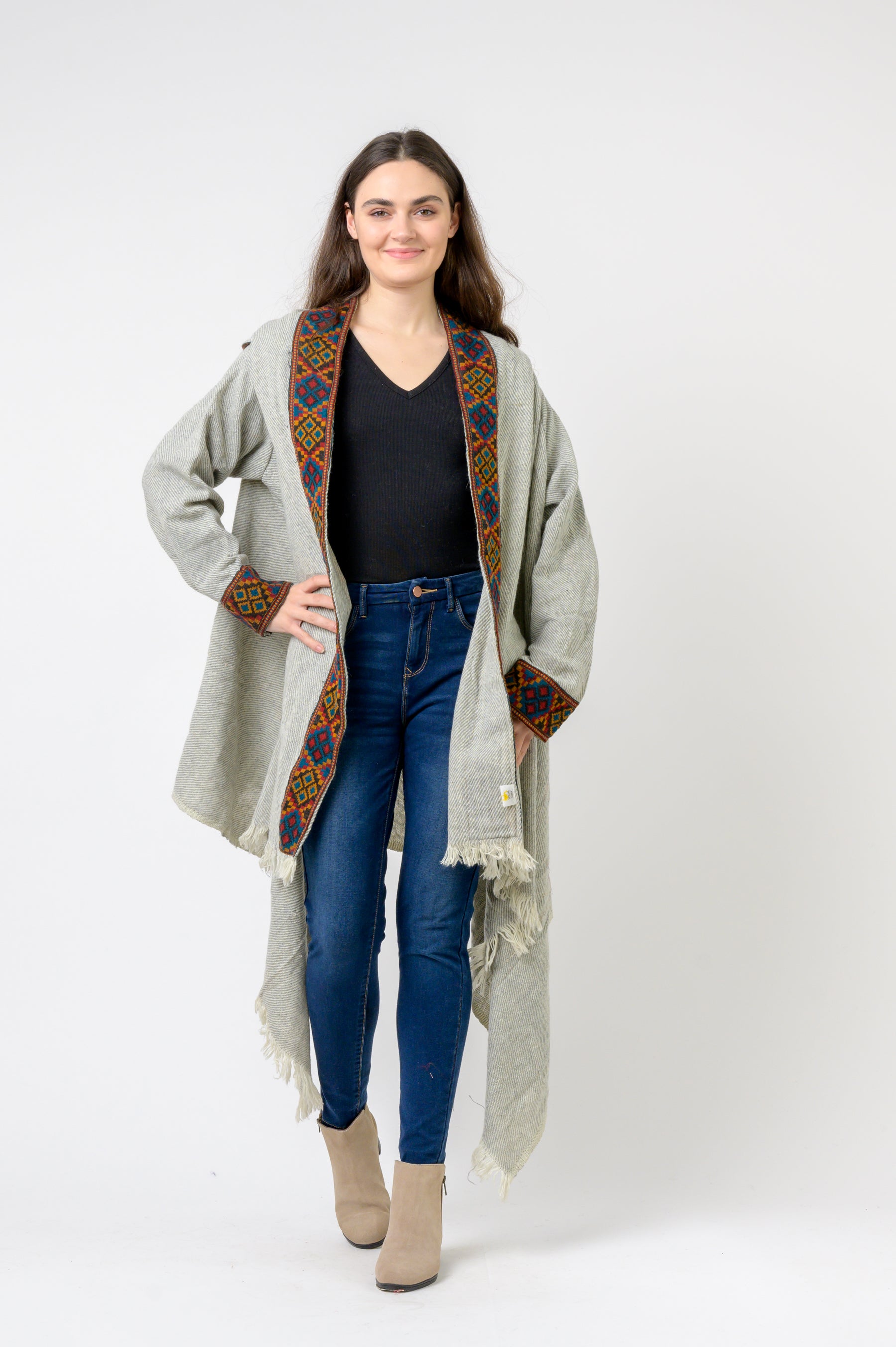 Rhea Hooded Long Jacket With Border