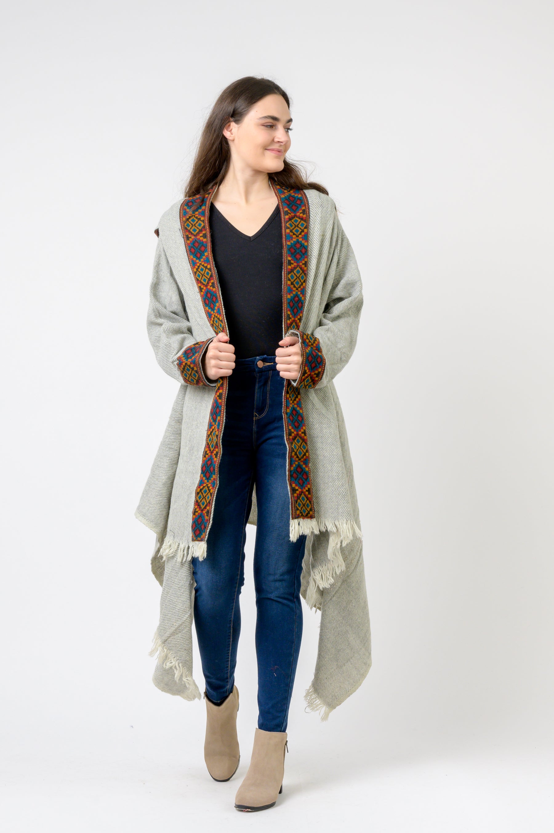 Rhea Hooded Long Jacket With Border