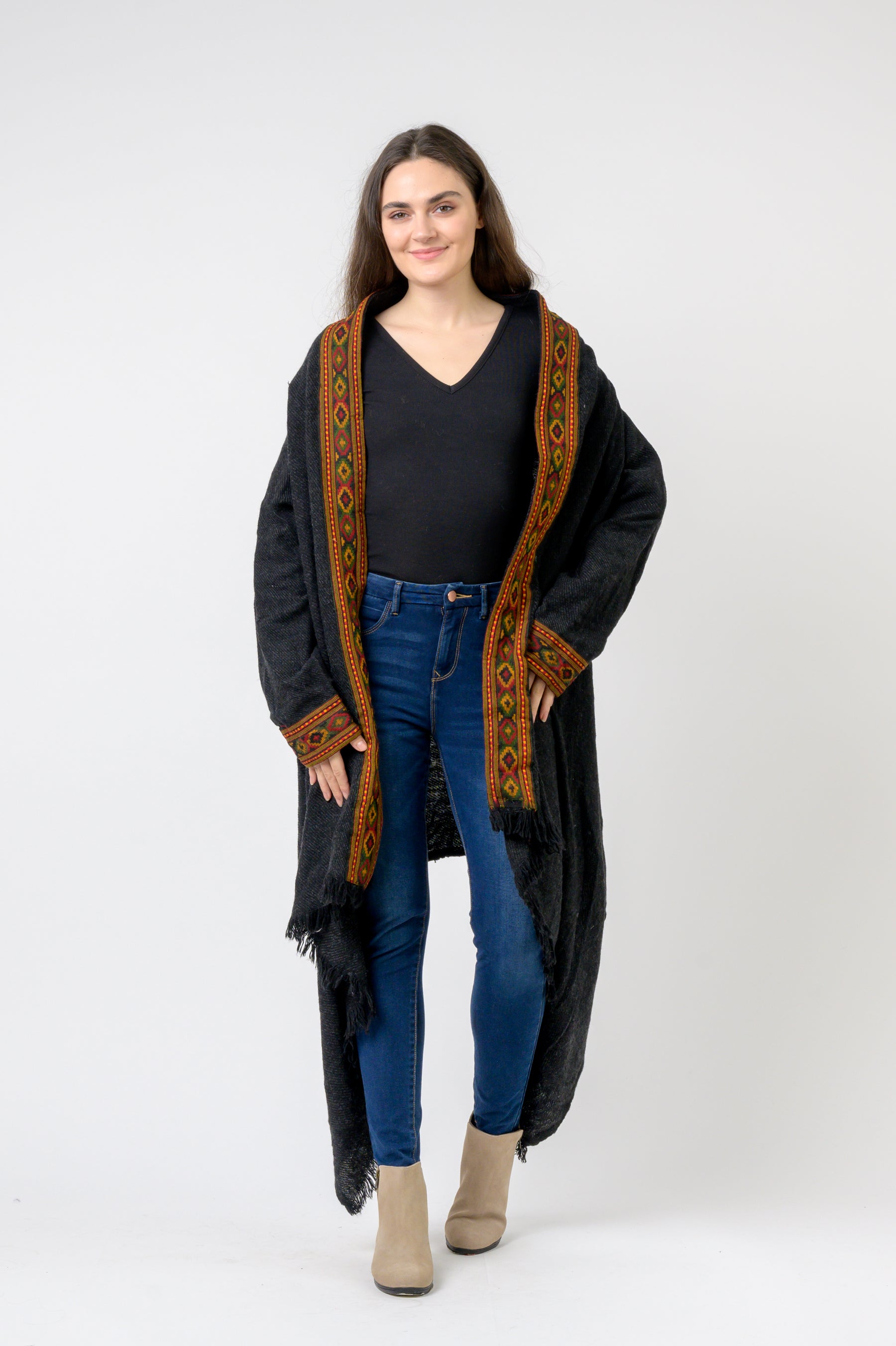 Rhea Hooded Long Jacket With Border