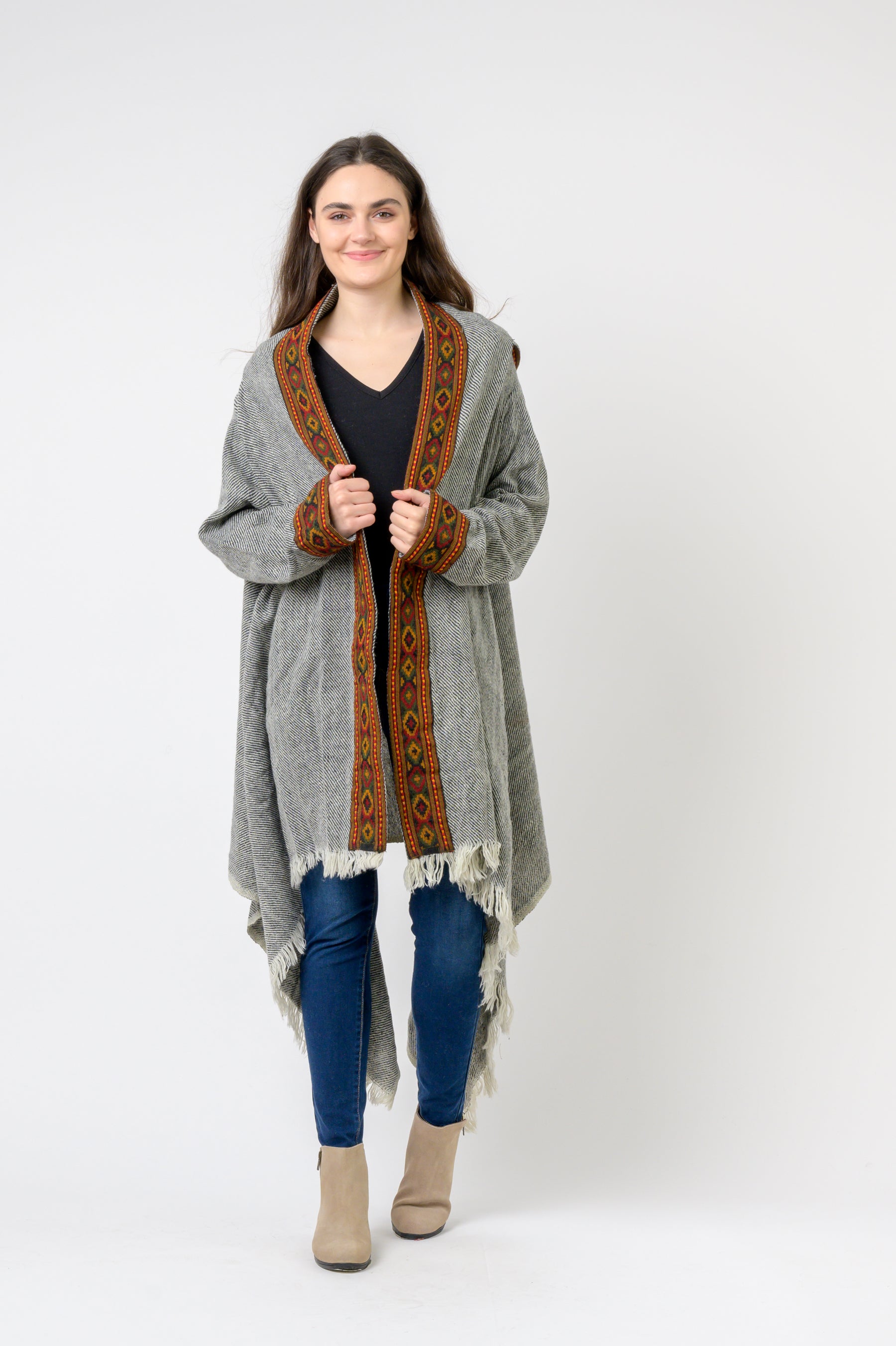 Rhea Hooded Long Jacket With Border (Assorted)
