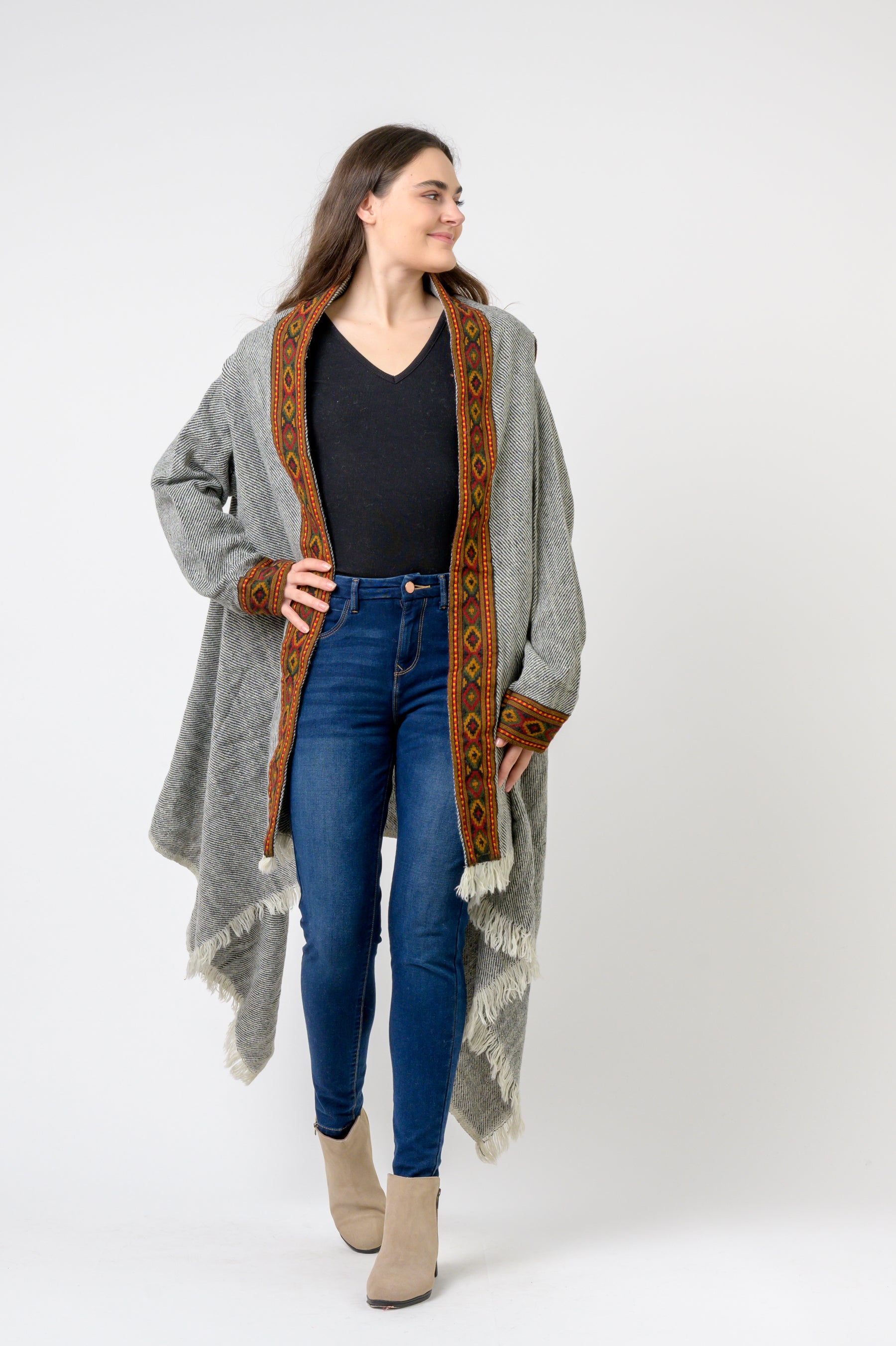 Rhea Hooded Long Jacket With Border (Assorted)