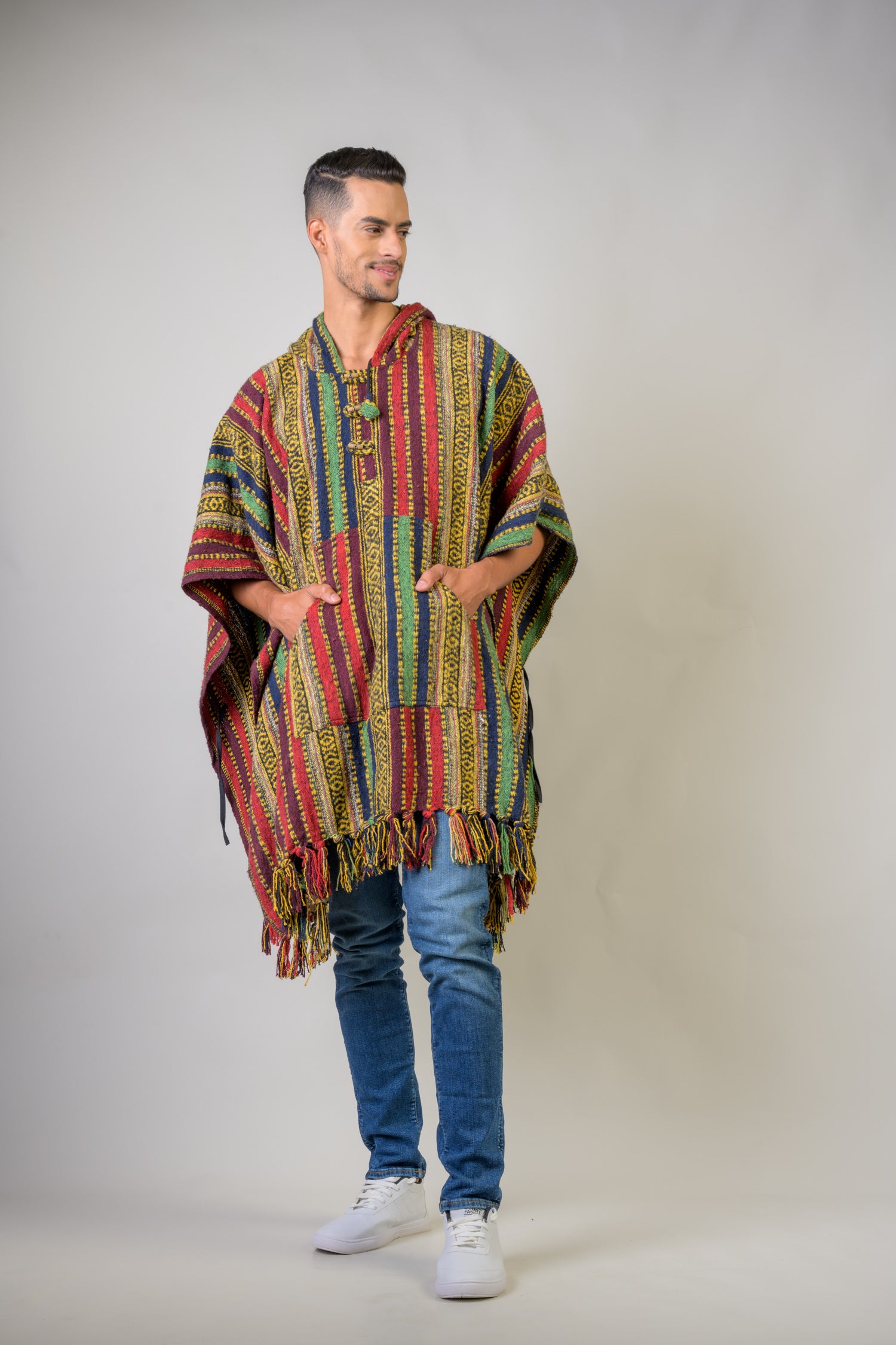 Rhea Pattern Cotton Poncho Black / One Size