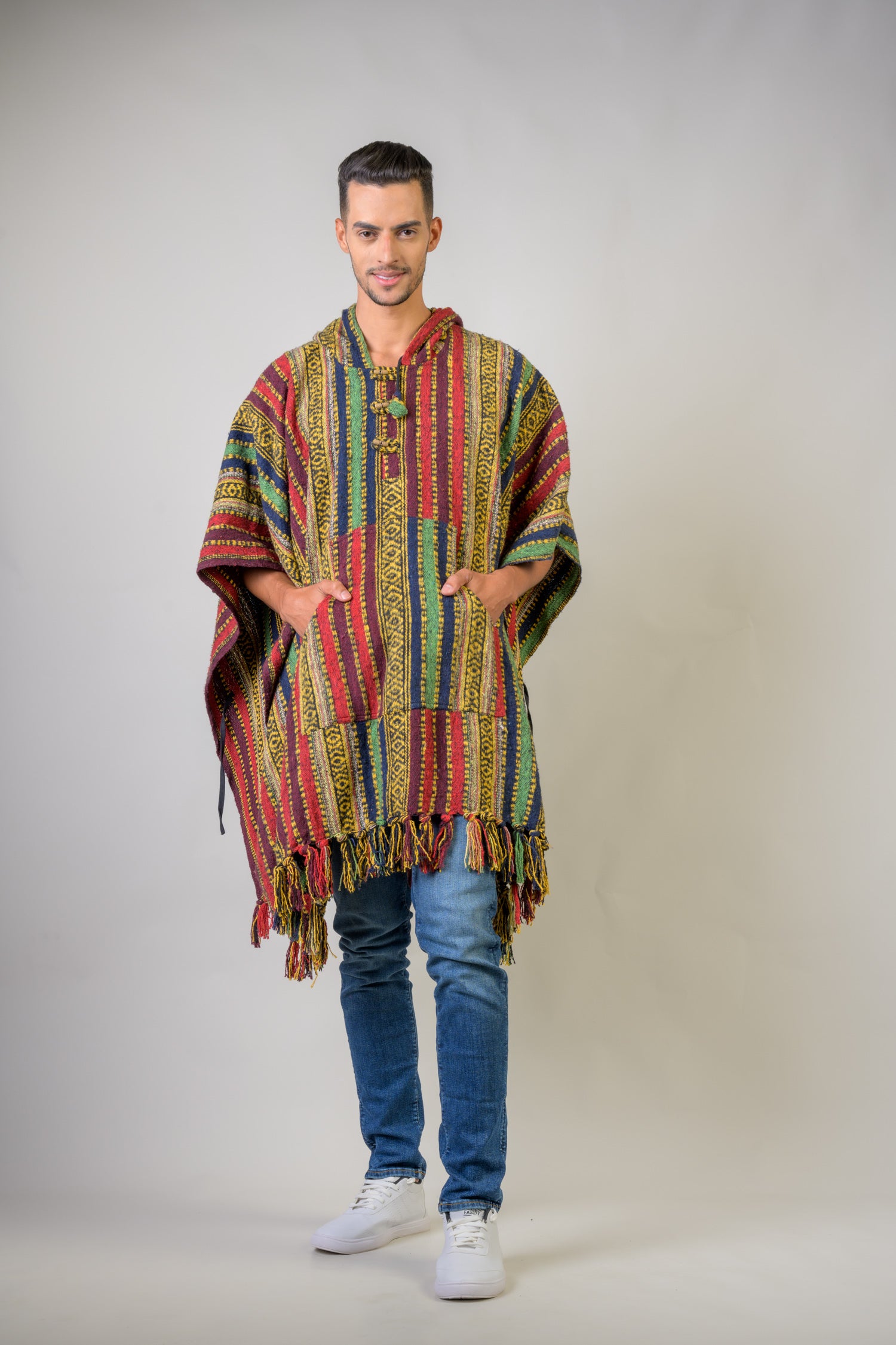 Rhea Pattern Cotton Poncho Black / One Size
