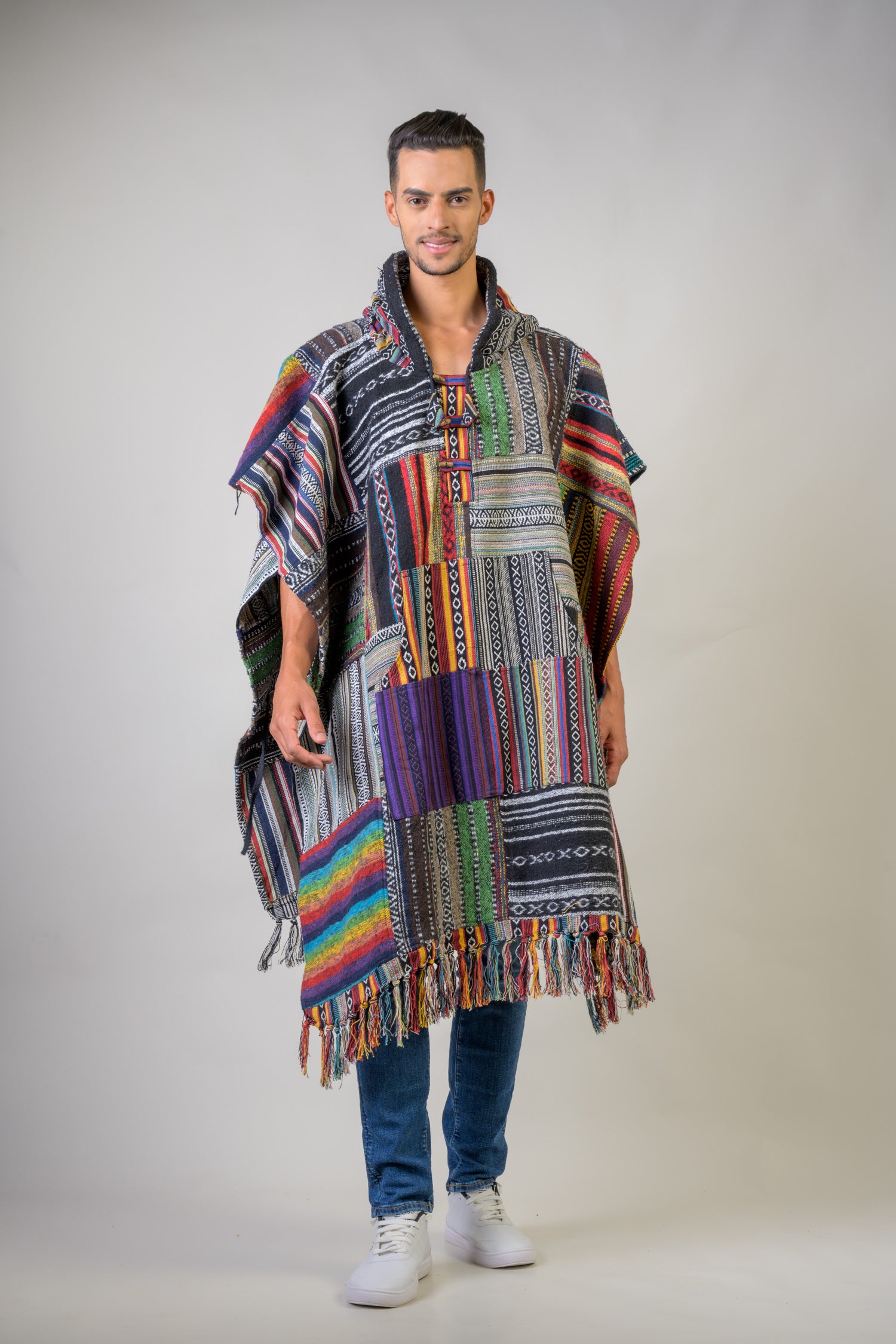 Rhea Pattern Cotton Poncho Black / One Size