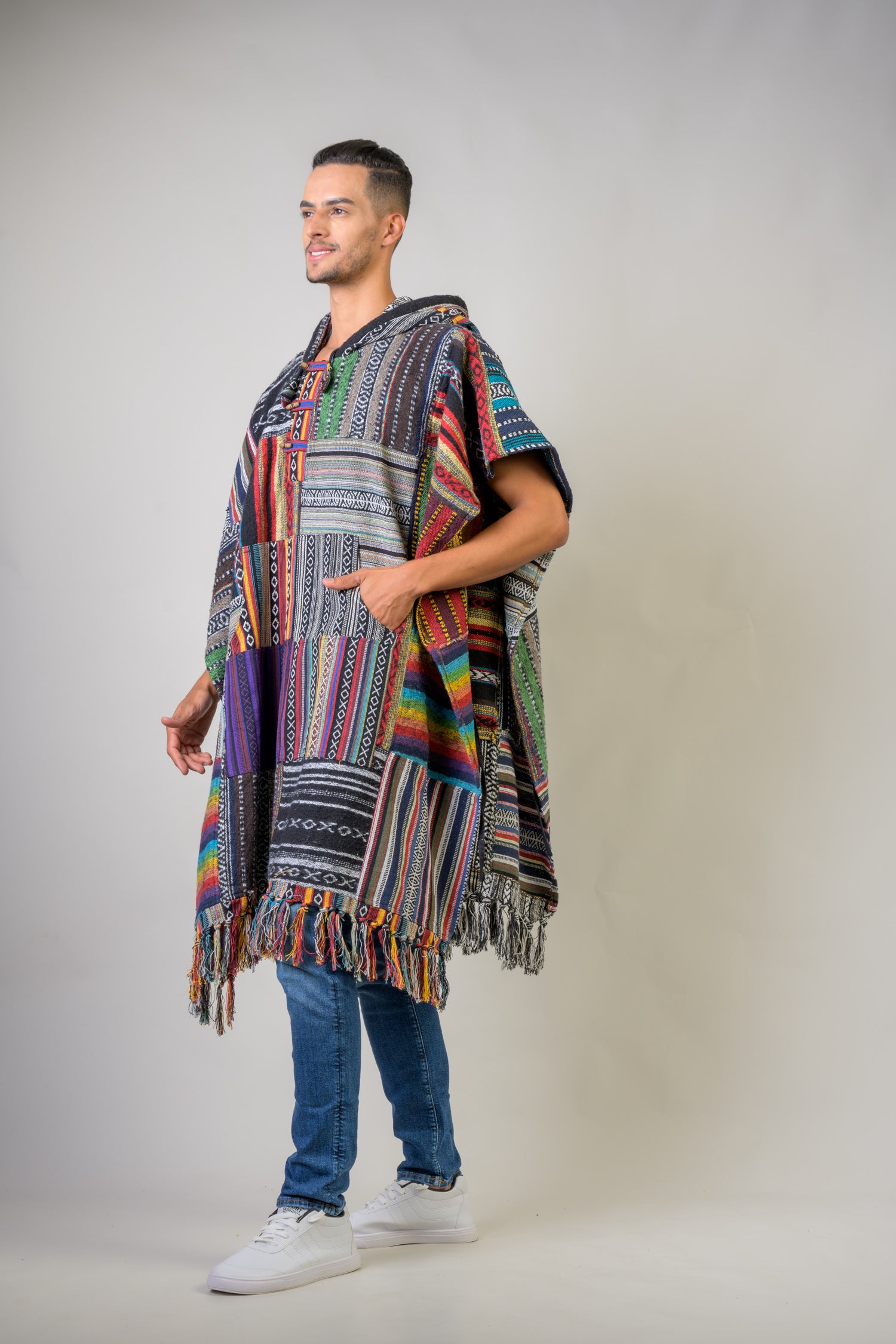 Rhea Pattern Cotton Poncho Black / One Size