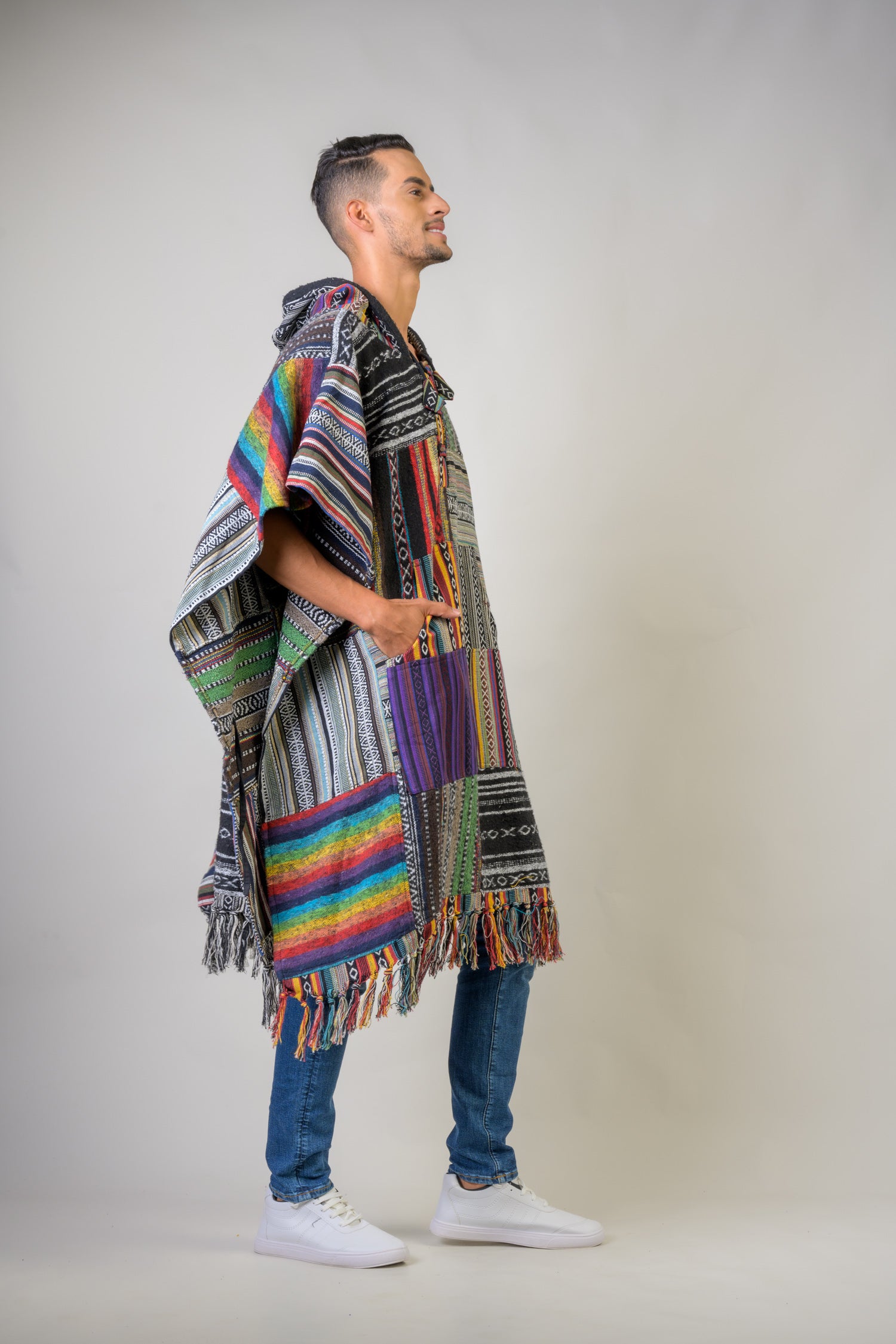 Rhea Pattern Cotton Poncho Black / One Size
