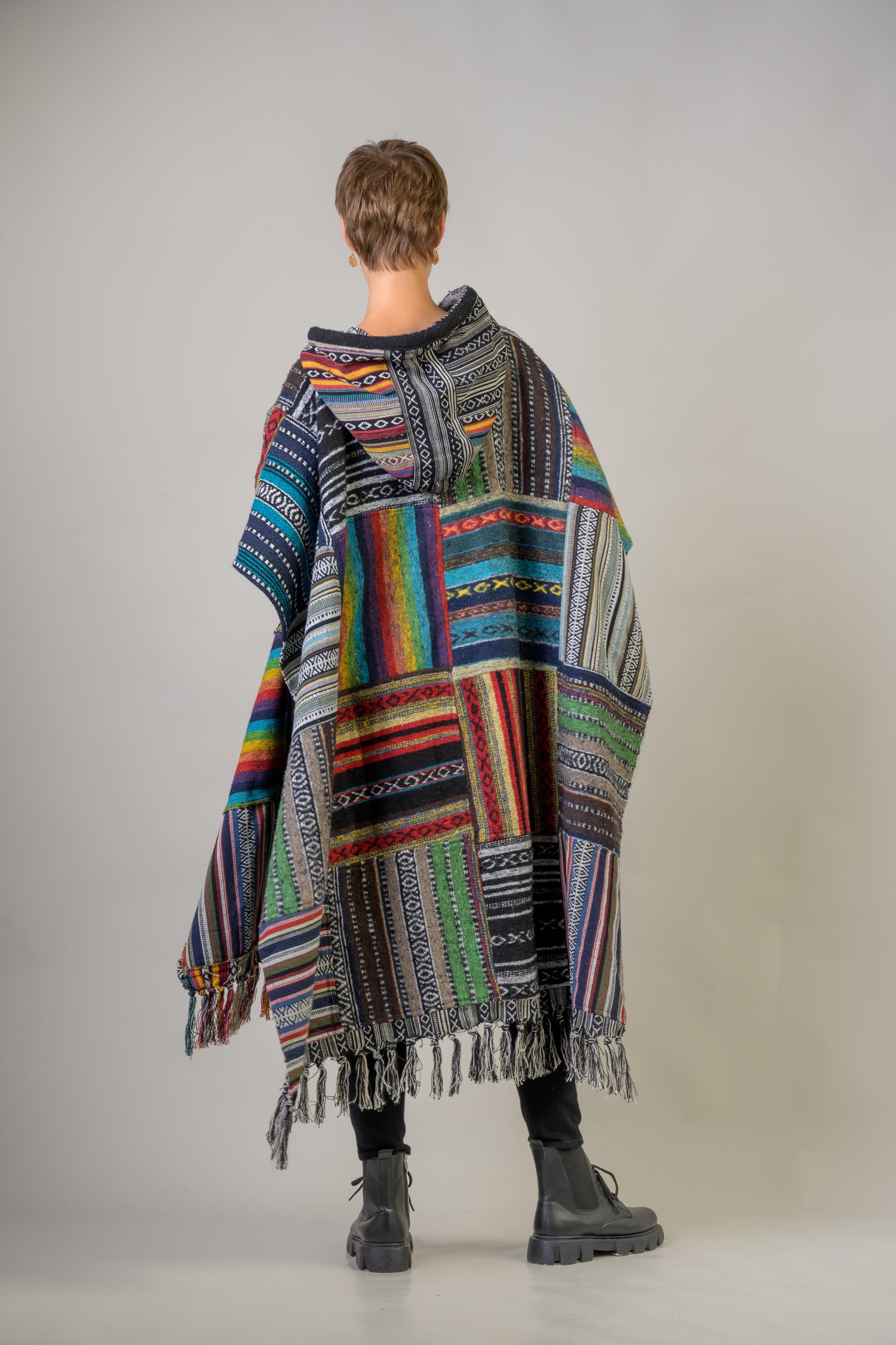 Rhea Pattern Cotton Poncho Black / One Size