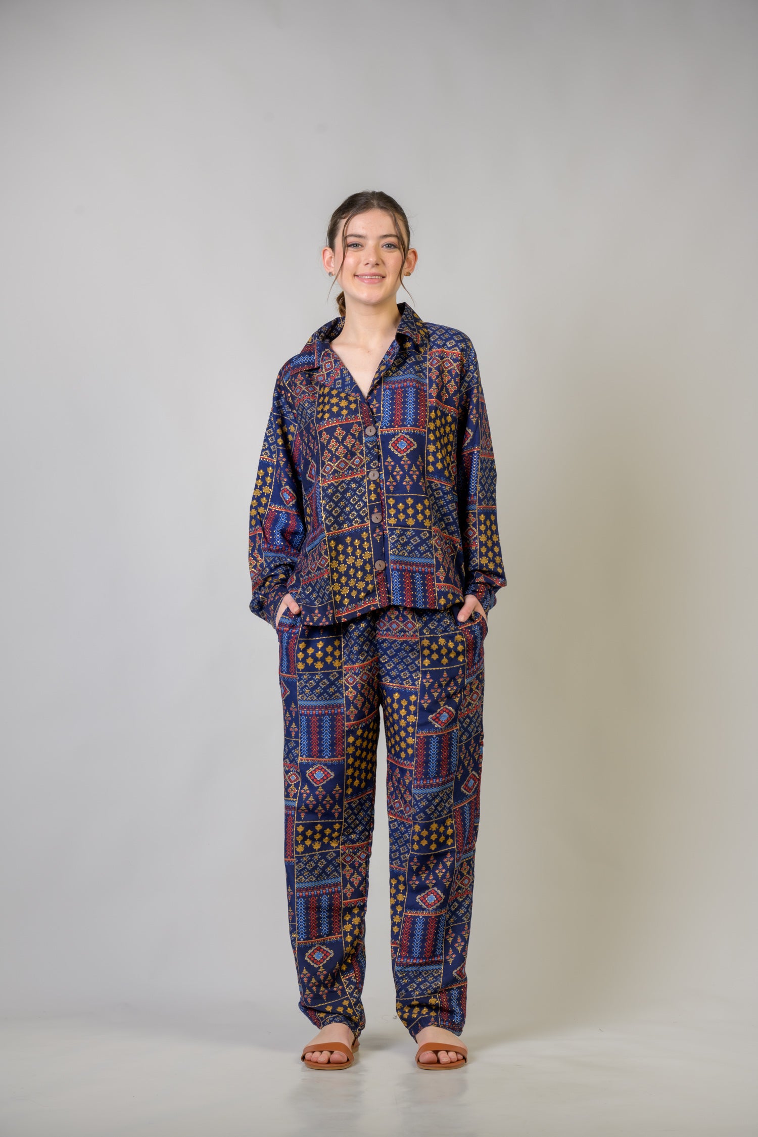 Rhea Patch Print Shirt And Trouser Set Blue / One Size