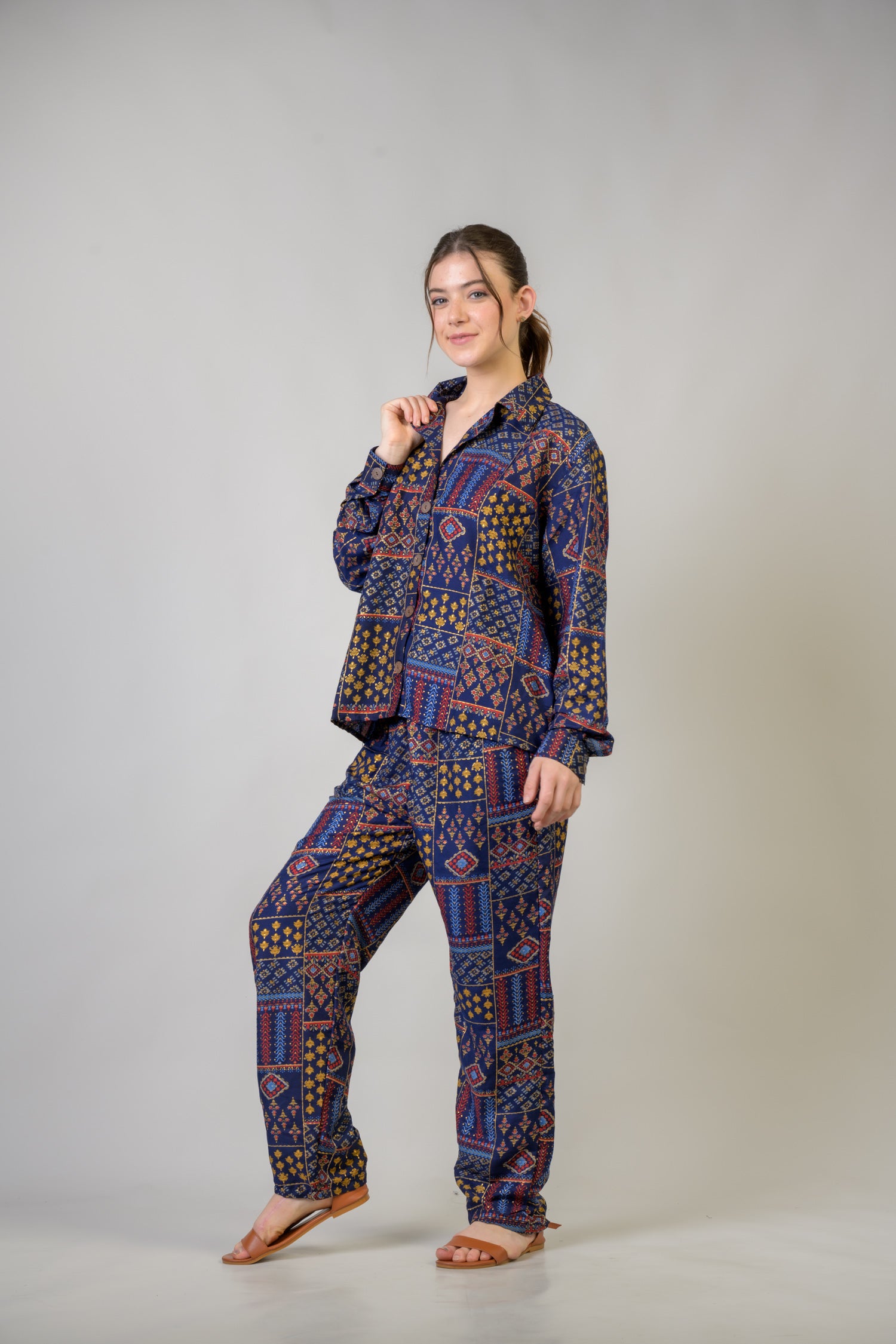 Rhea Patch Print Shirt And Trouser Set Blue / One Size