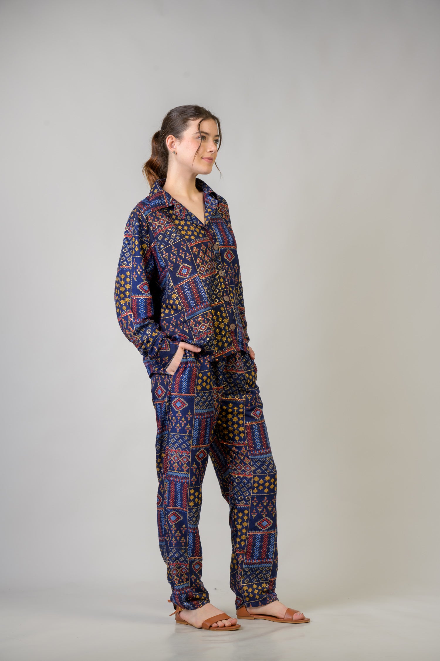 Rhea Patch Print Shirt And Trouser Set Blue / One Size