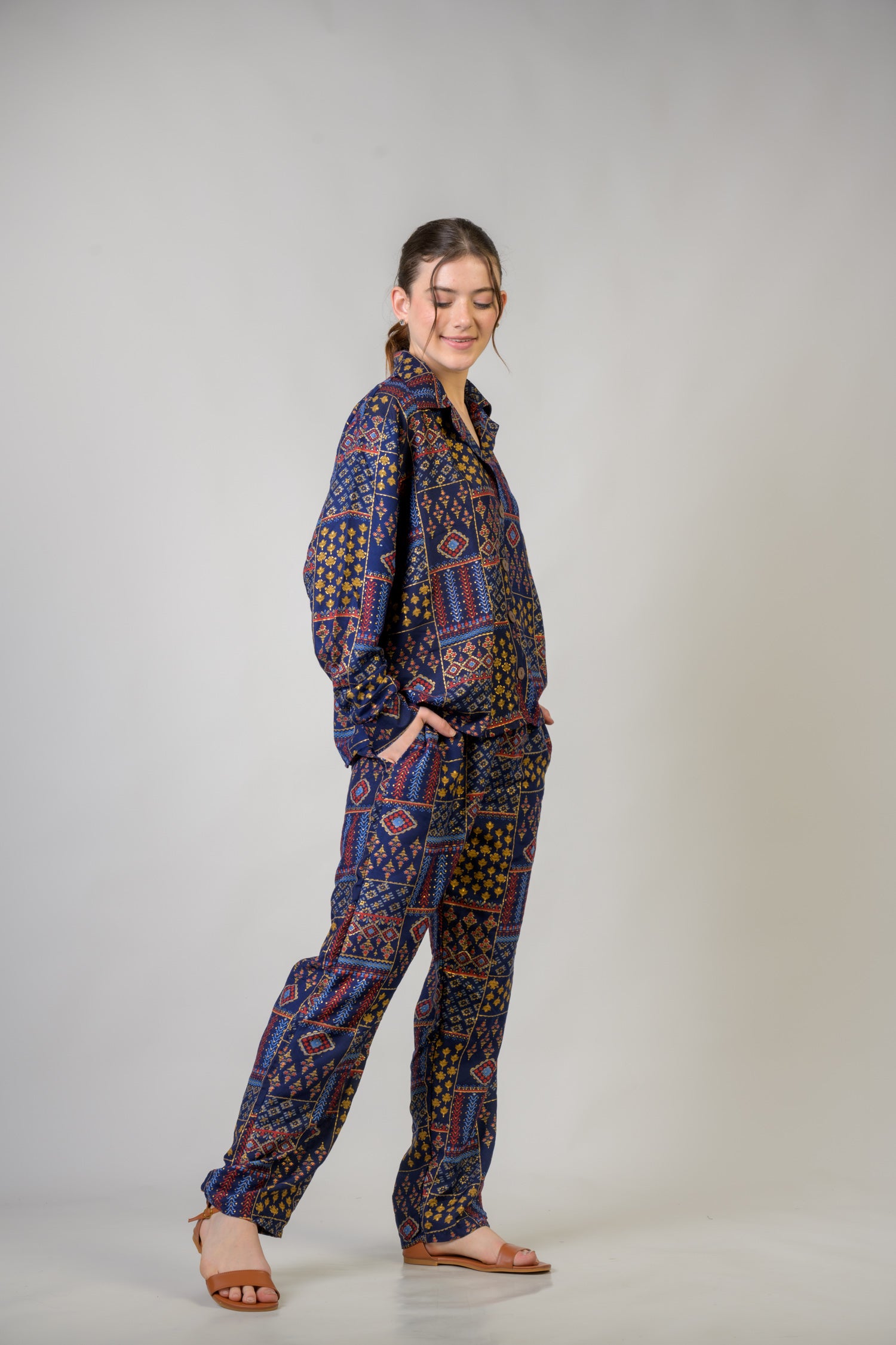 Rhea Patch Print Shirt And Trouser Set Blue / One Size