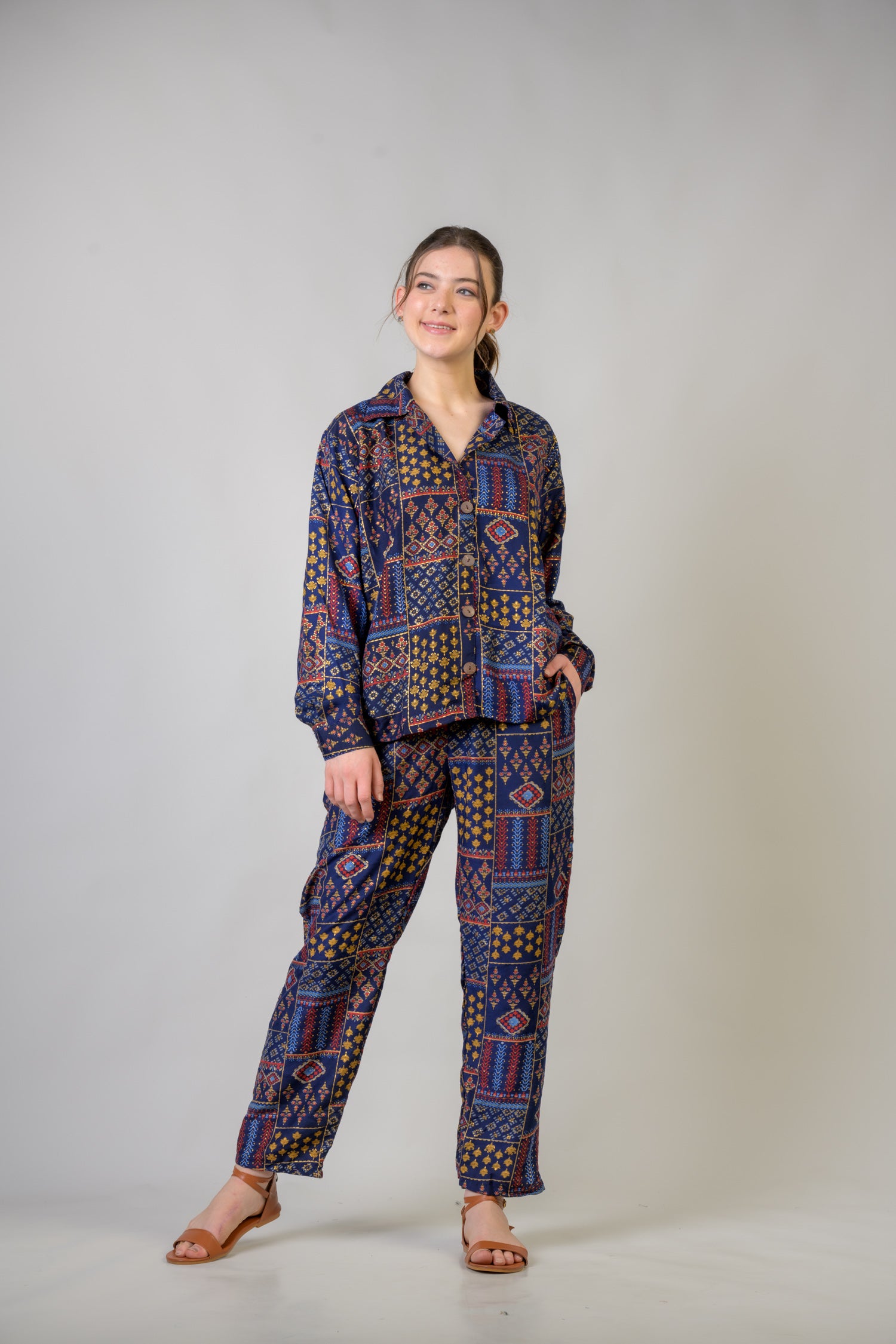 Rhea Patch Print Shirt And Trouser Set Blue / One Size