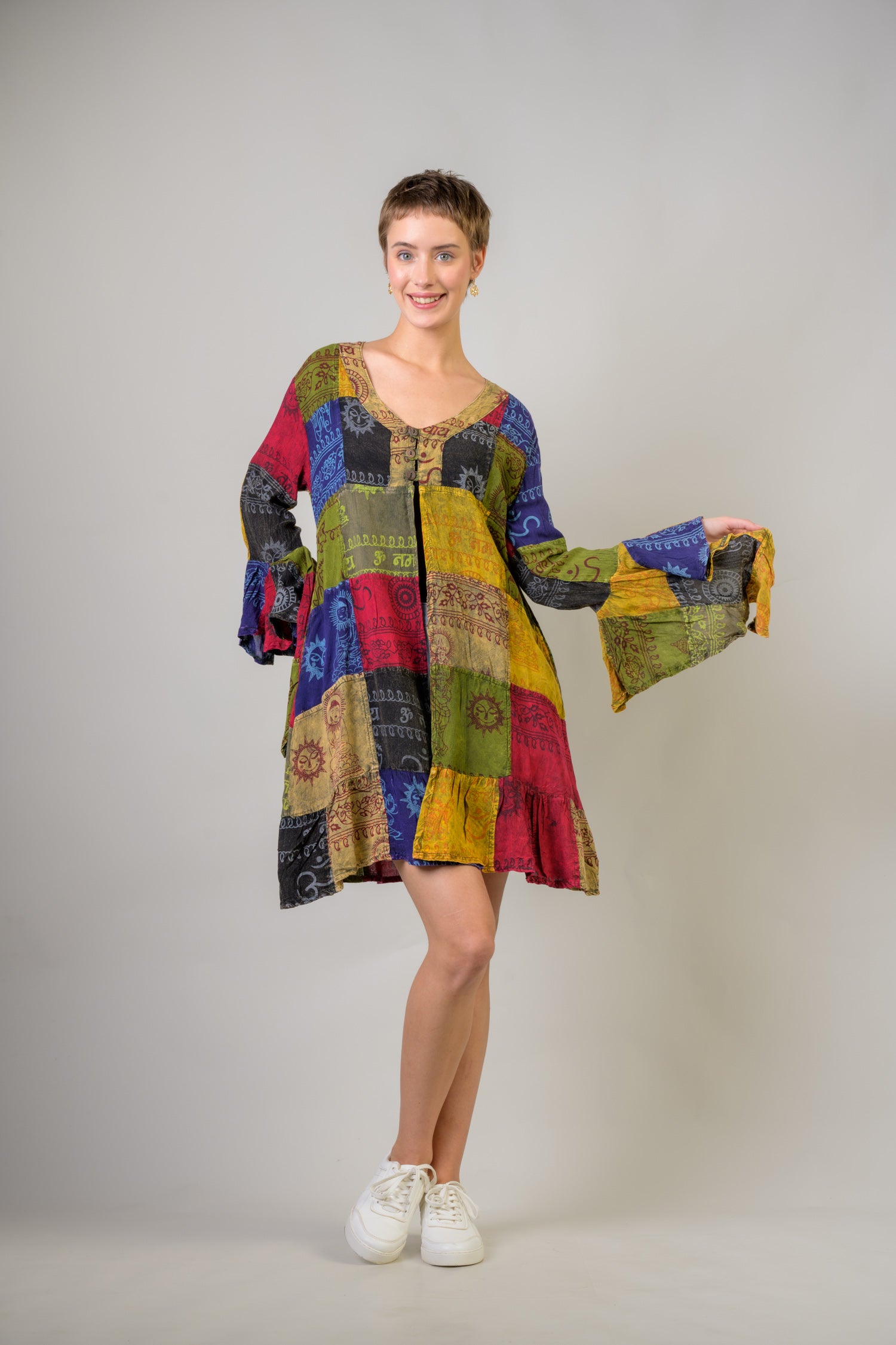 Rhea Om Print Pied Pattern Bell Sleeve Tunic