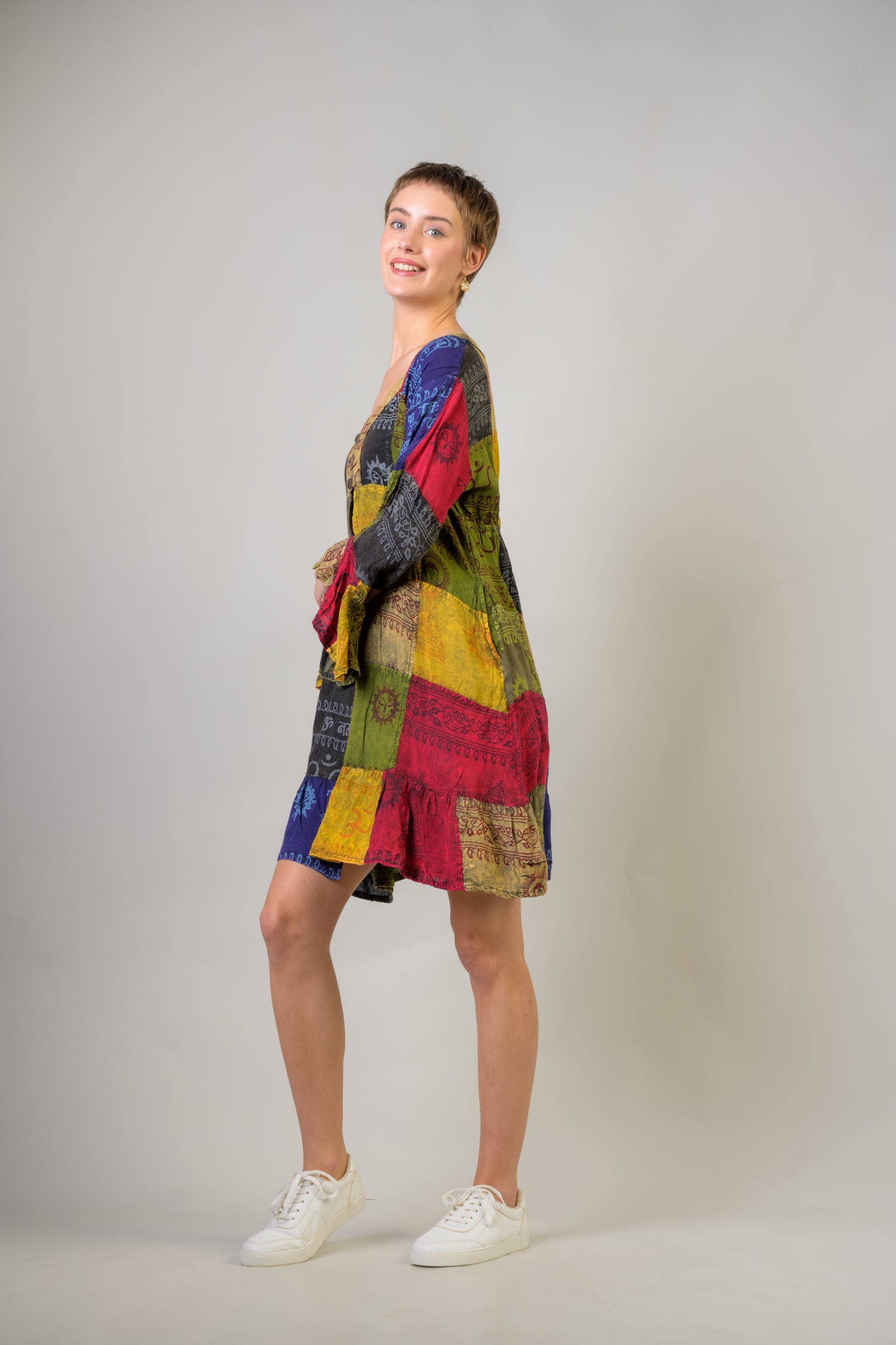 Rhea Om Print Pied Pattern Bell Sleeve Kimono