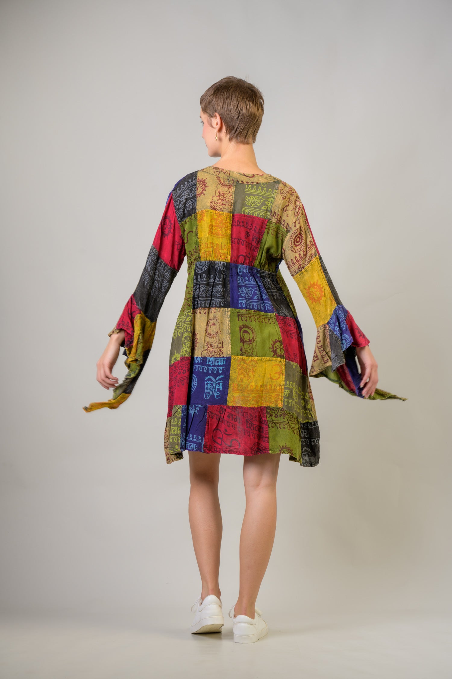 Rhea Om Print Pied Pattern Bell Sleeve Tunic