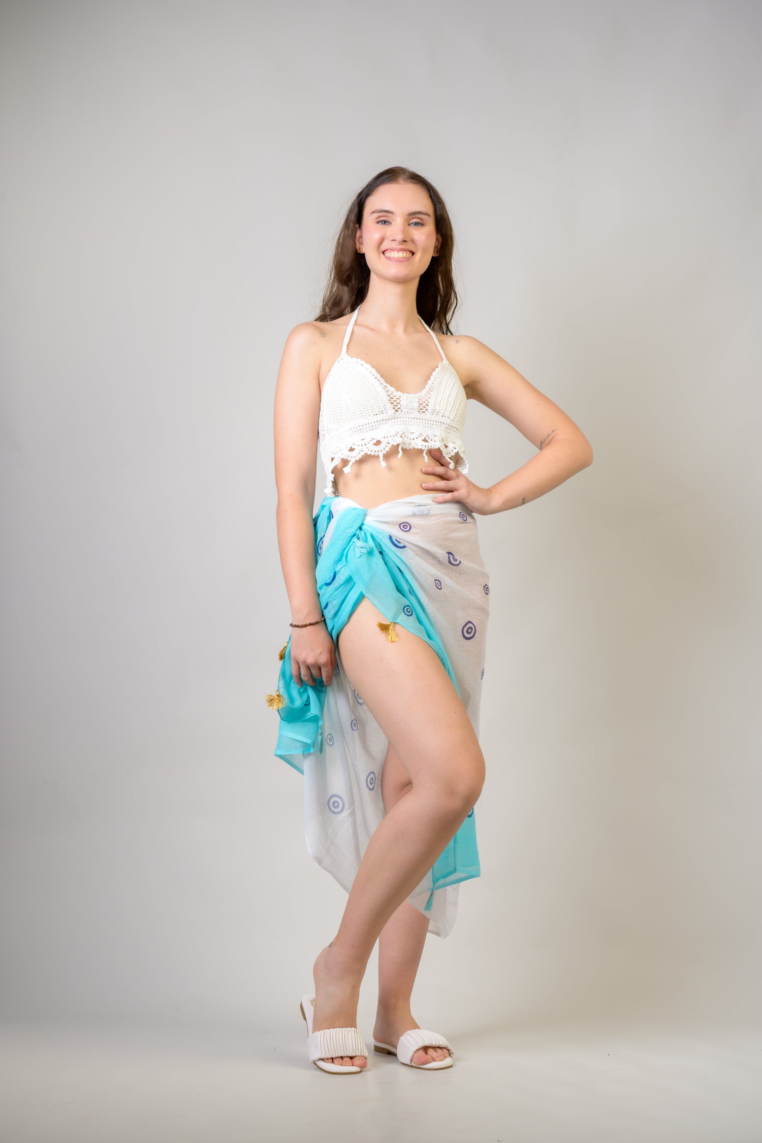 Rhea Hand Painted Evil Eye Scarf Aqua / One Size