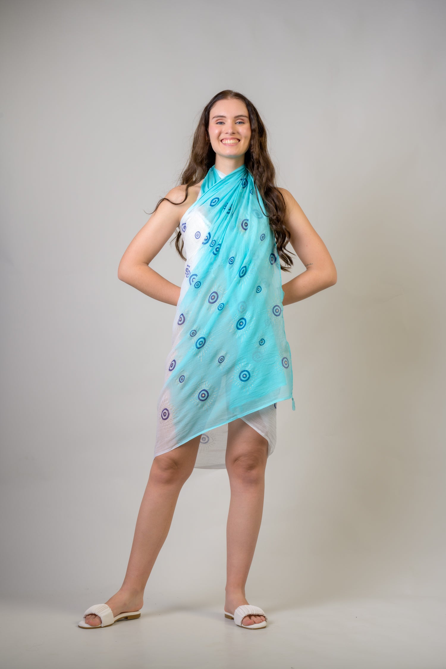 Rhea Hand Painted Evil Eye Scarf Aqua / One Size