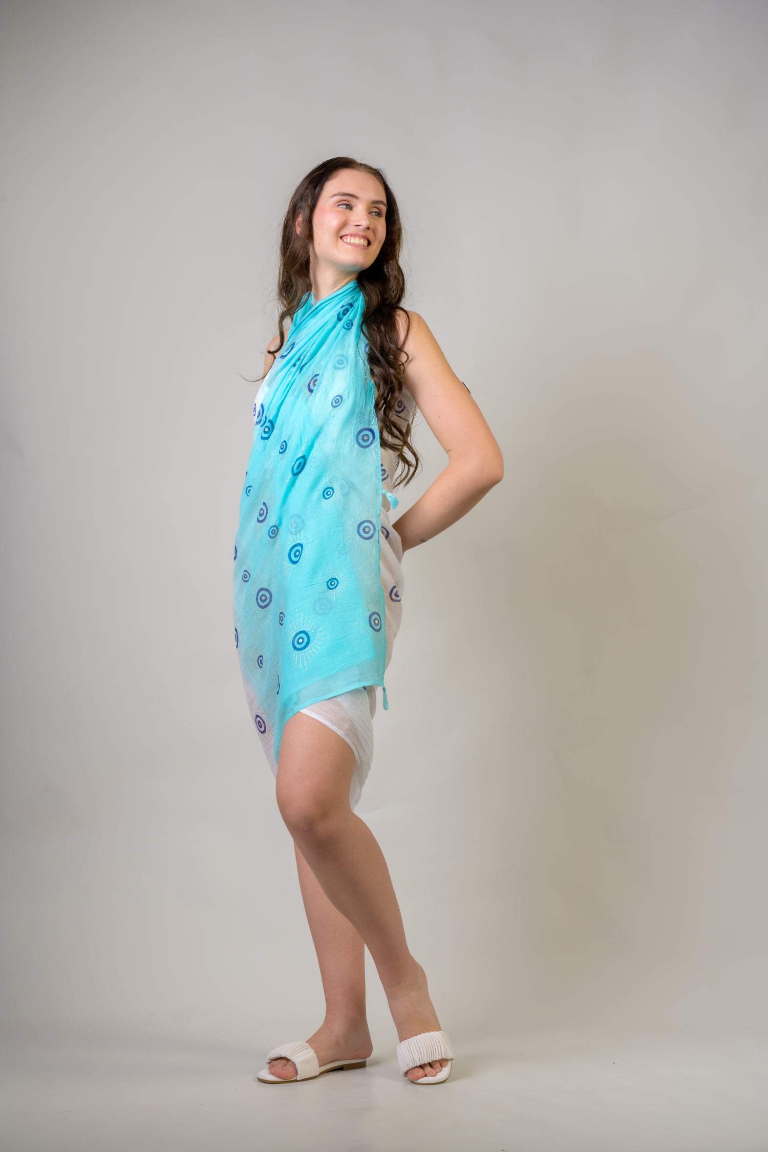Rhea Hand Painted Evil Eye Scarf Aqua / One Size
