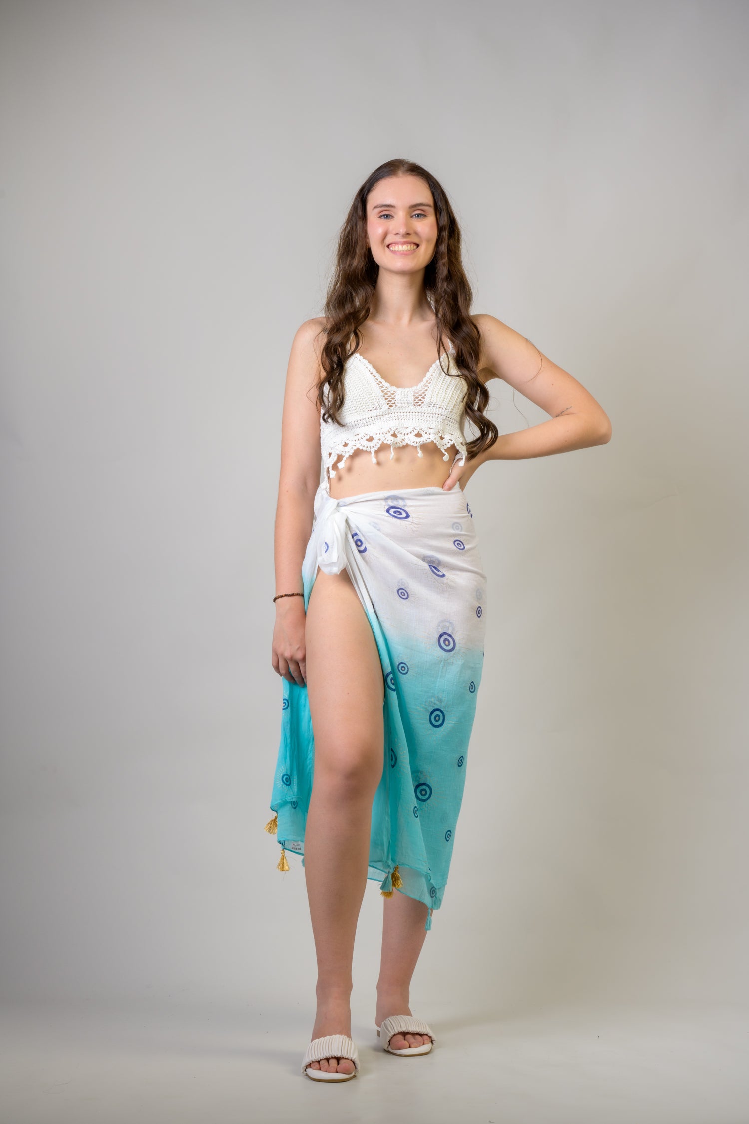 Rhea Hand Painted Evil Eye Scarf Aqua / One Size