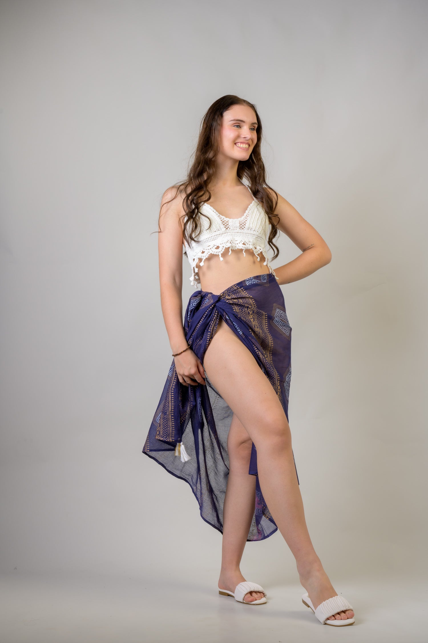 Rhea Hand Painted Tasseled Scarf Navy Blue / One Size