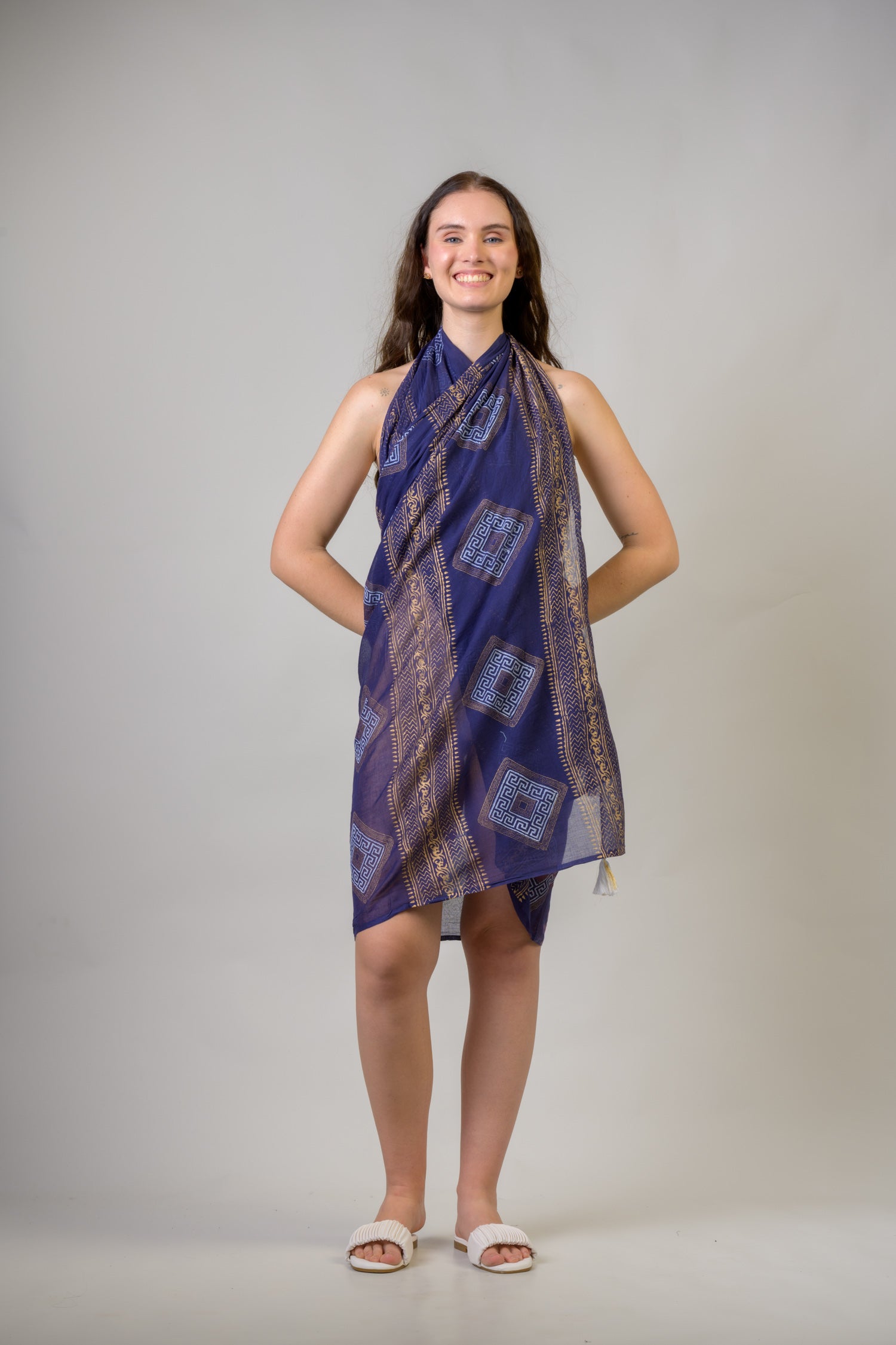 Rhea Hand Painted Tasseled Scarf Navy Blue / One Size