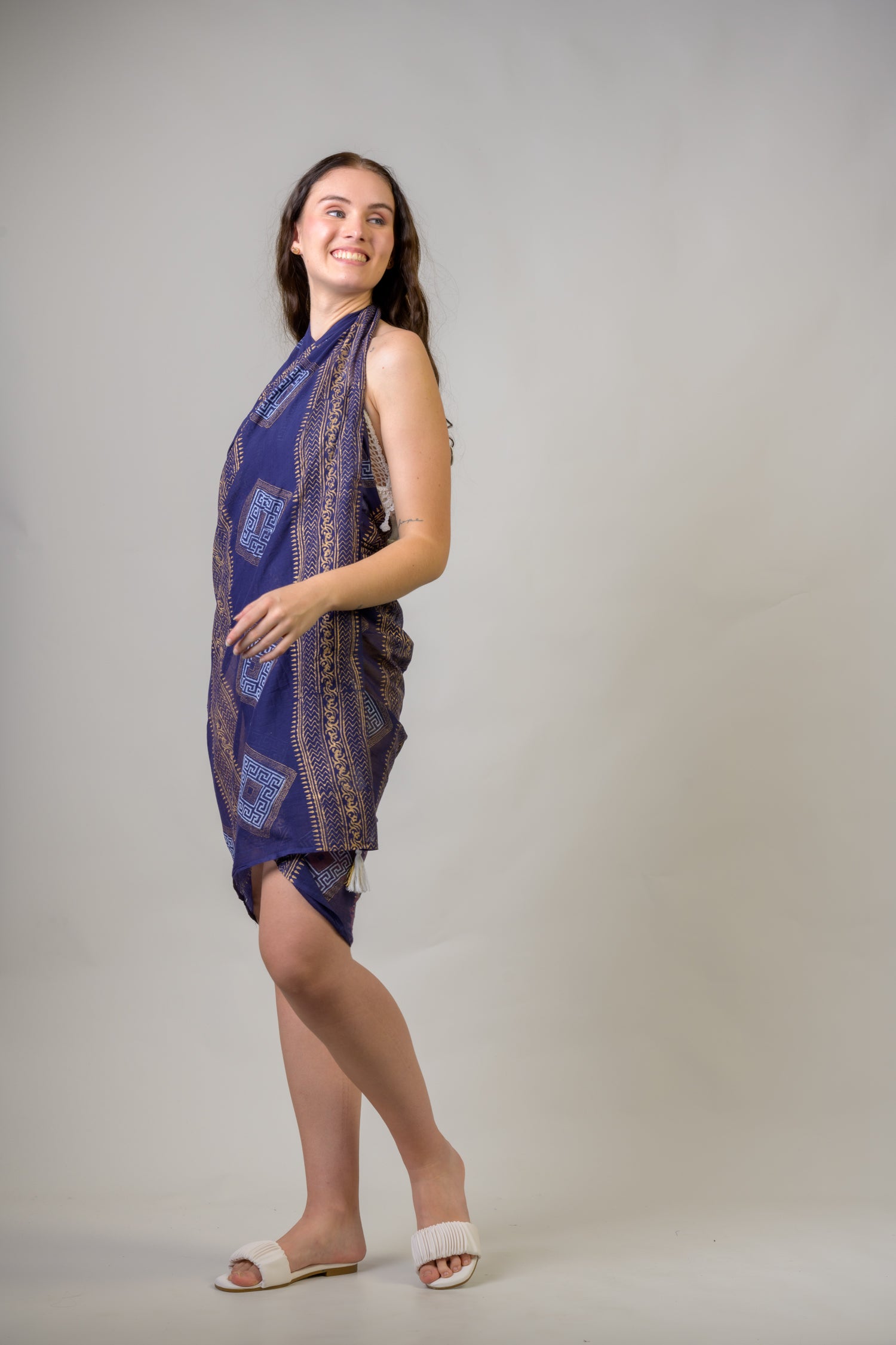 Rhea Hand Painted Tasseled Scarf Navy Blue / One Size