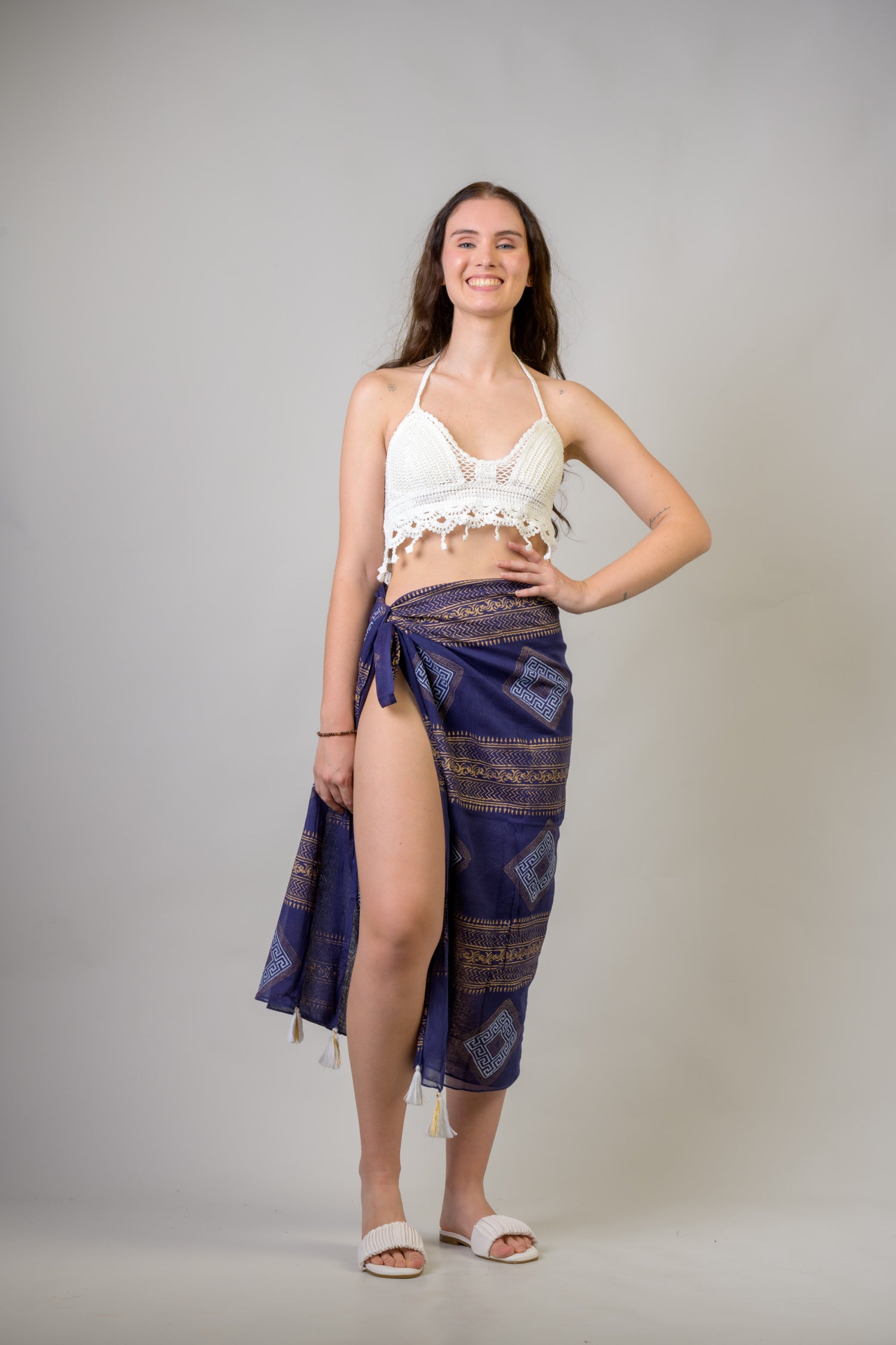 Rhea Hand Painted Tasseled Scarf Navy Blue / One Size