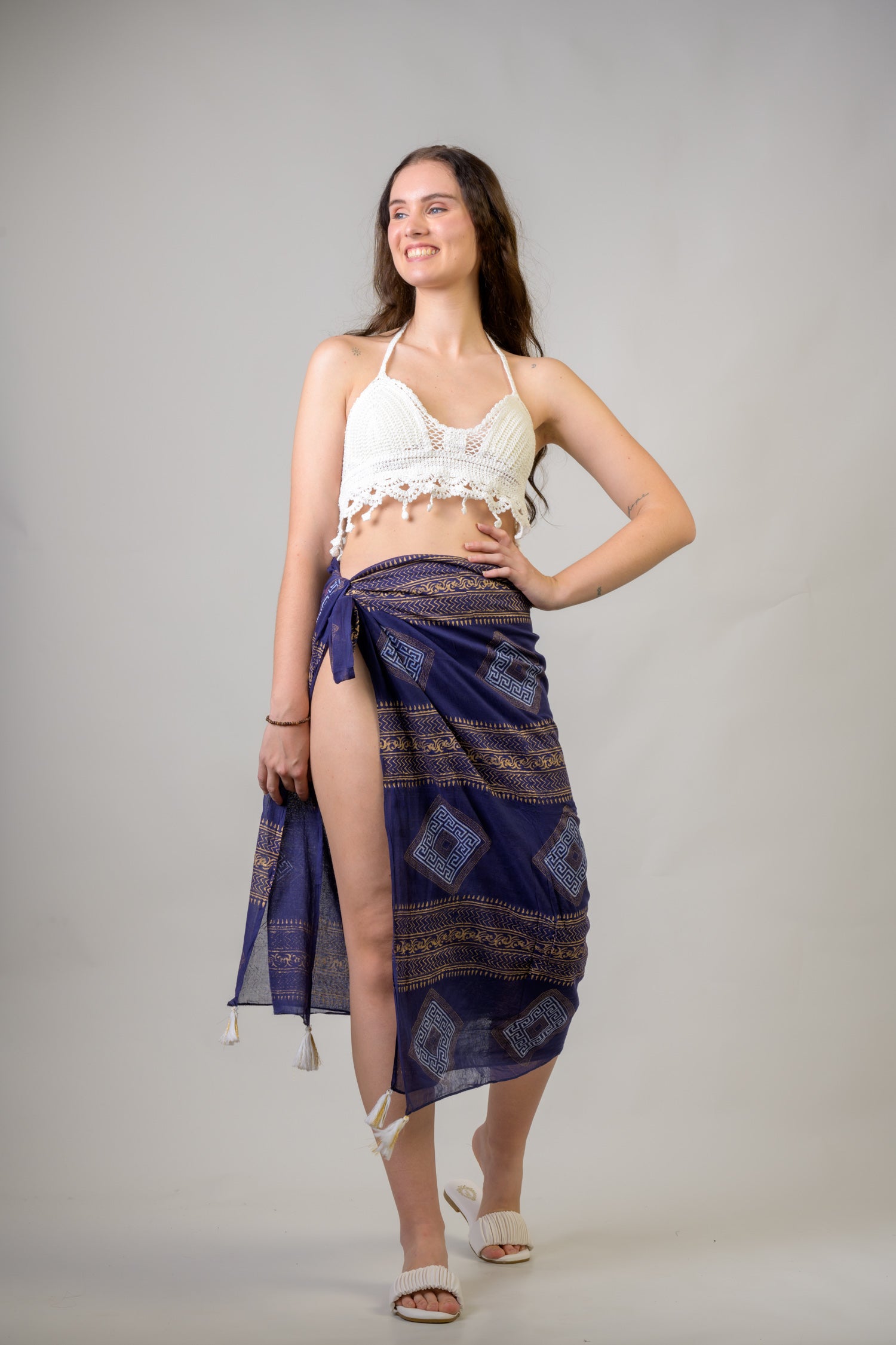 Rhea Hand Painted Tasseled Scarf Navy Blue / One Size