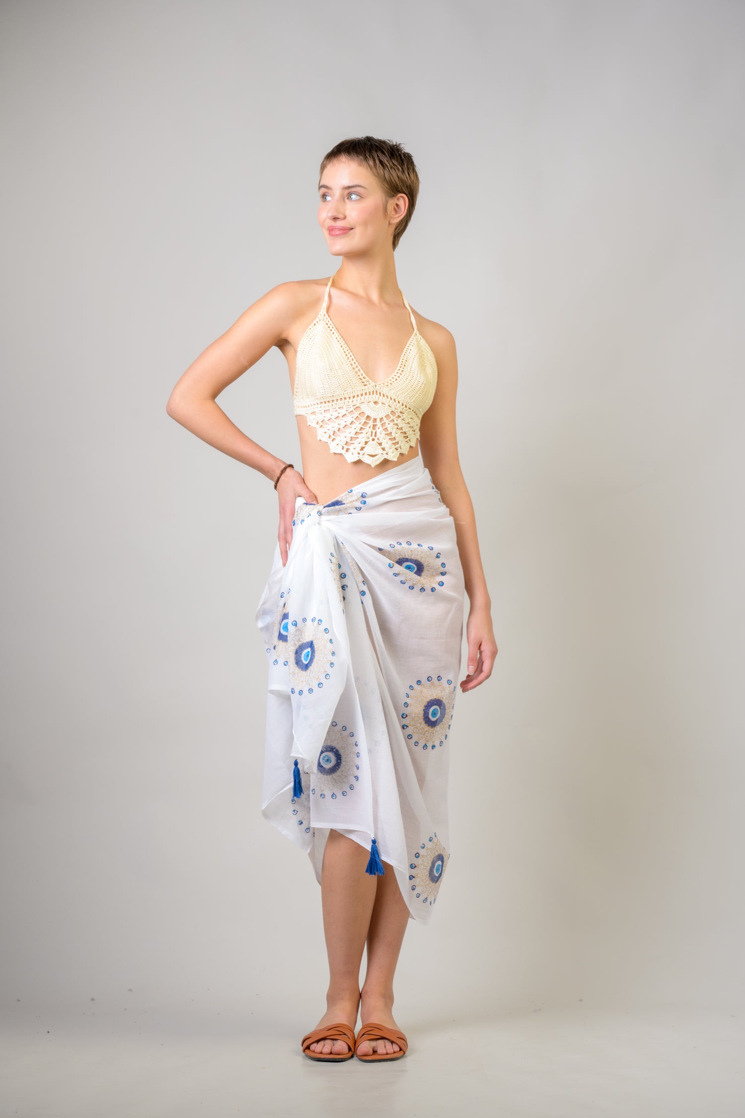 Rhea Hand Painted Tasseled Scarf Blue / One Size