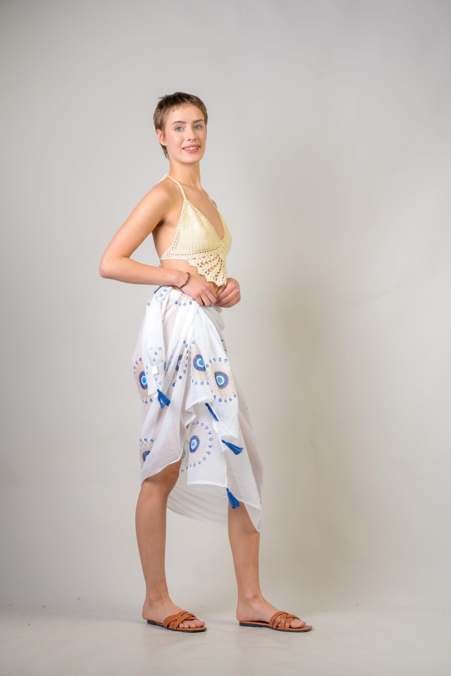 Rhea Hand Painted Tasseled Scarf Blue / One Size