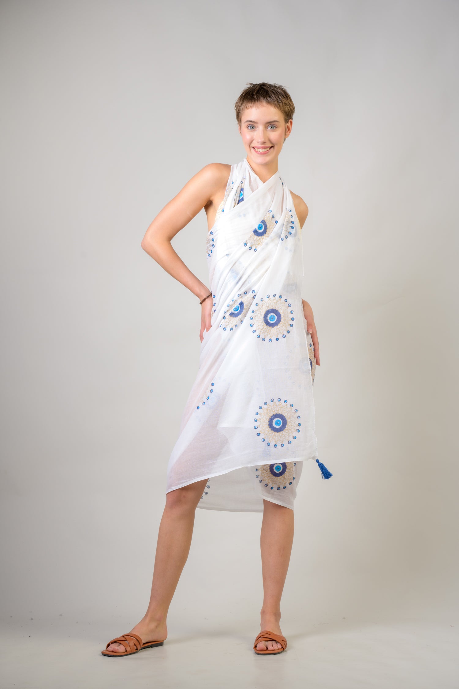 Rhea Hand Painted Tasseled Scarf Blue / One Size